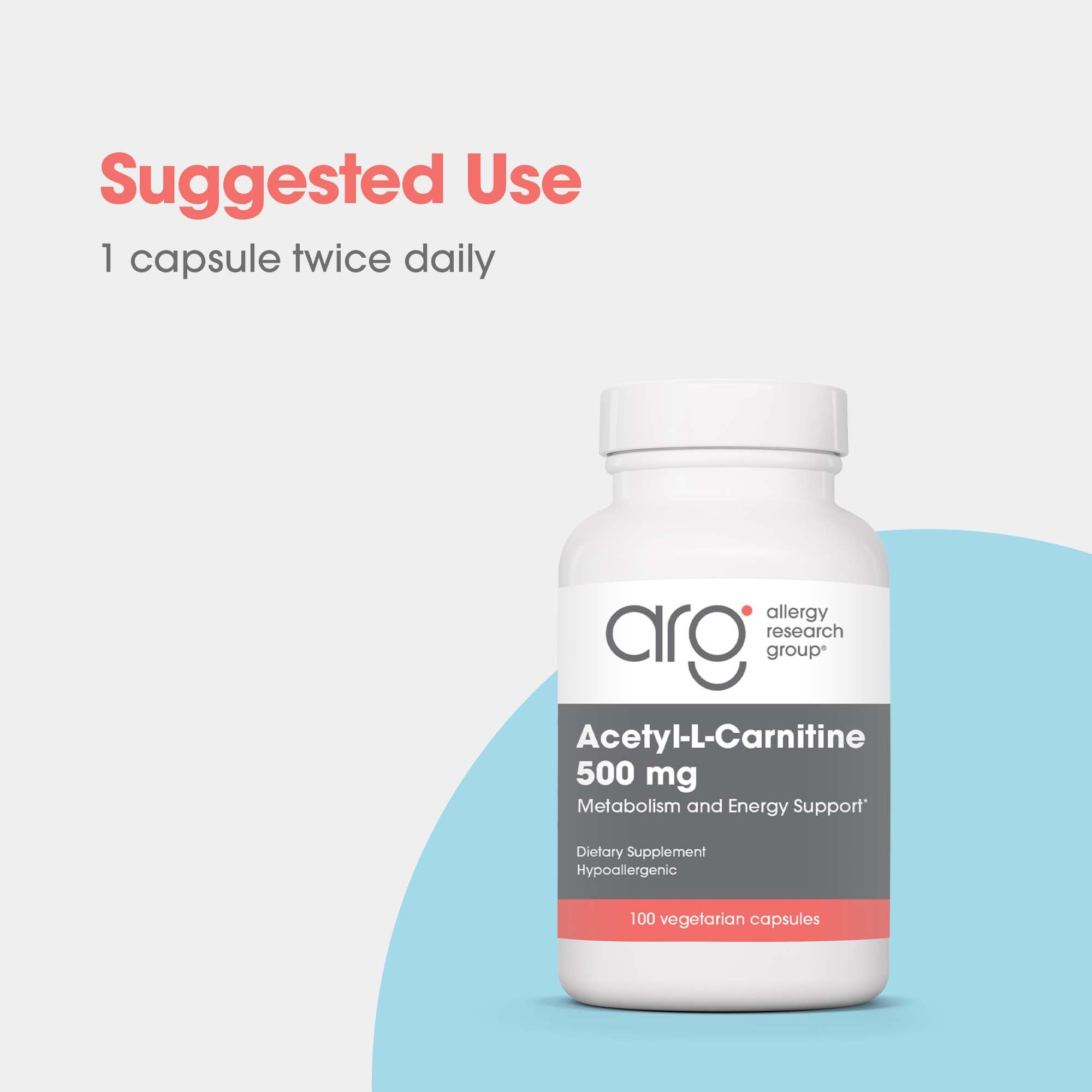 Allergy Research Group Acétyl-L-Carnitine 500 mg — étiquette ingrédients détaillée.