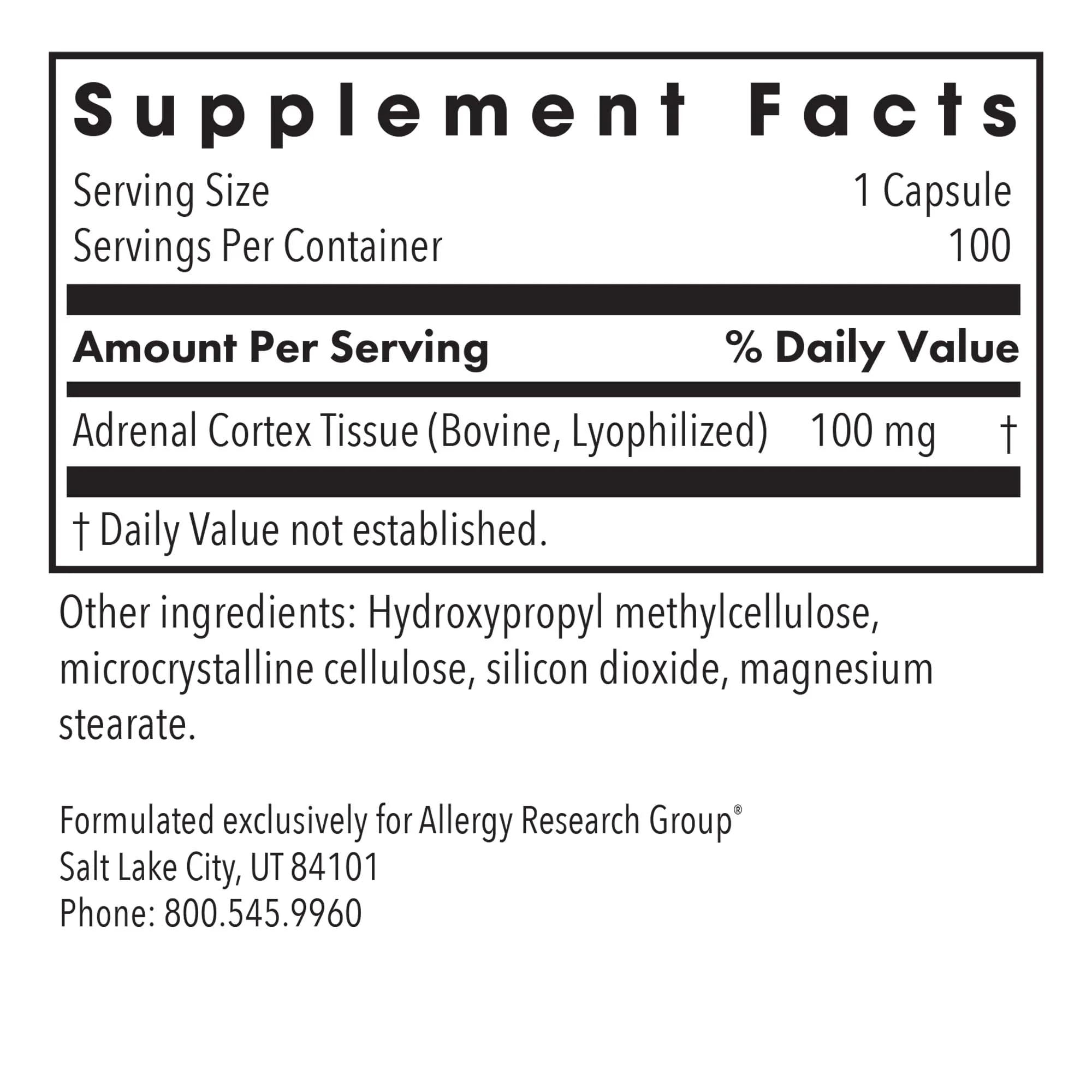 Allergy Research Group ARG Adrenal Cortex — etiquette du produit, origine et pureté