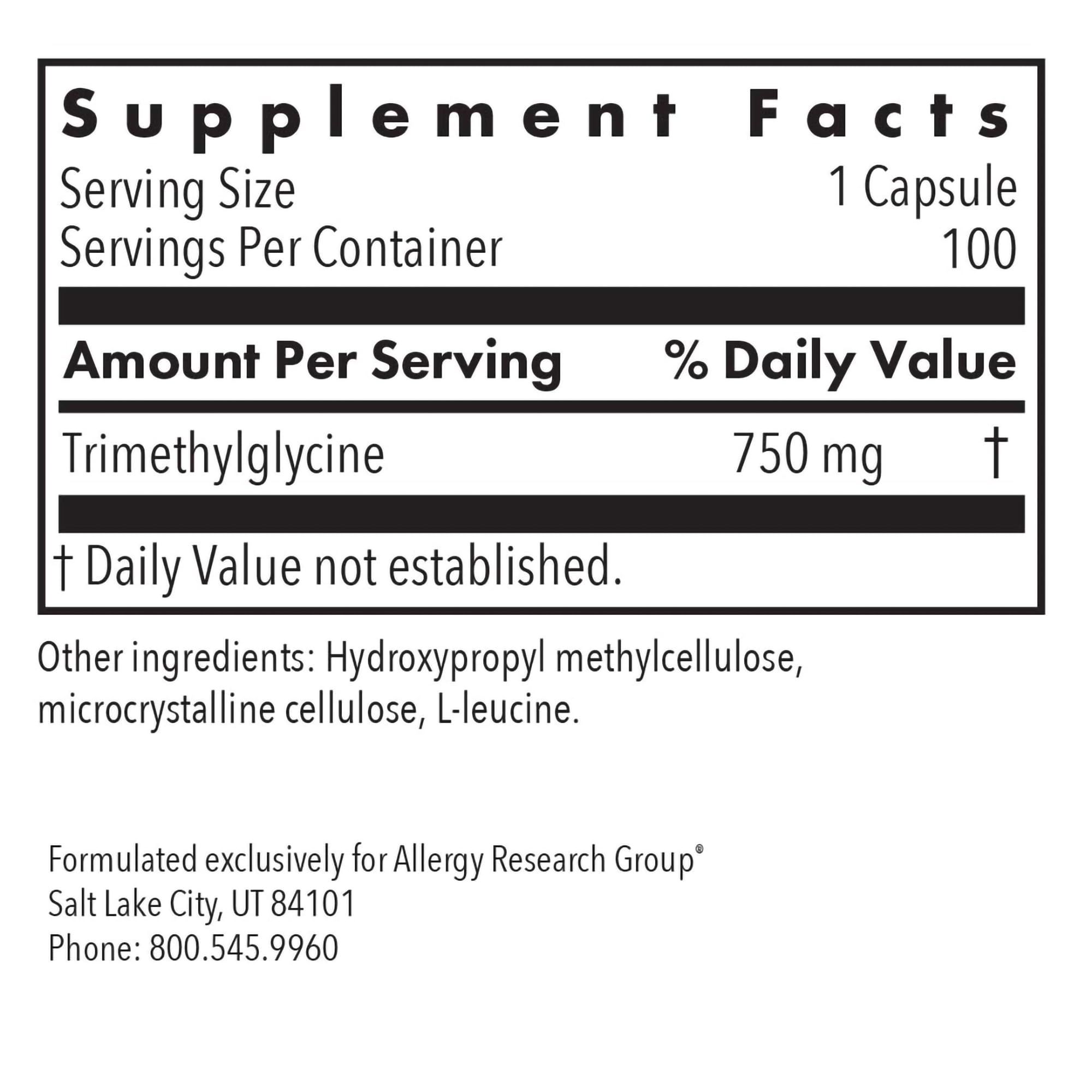 Étiquette ARG TMG montrant le dosage de 750 mg par capsule.