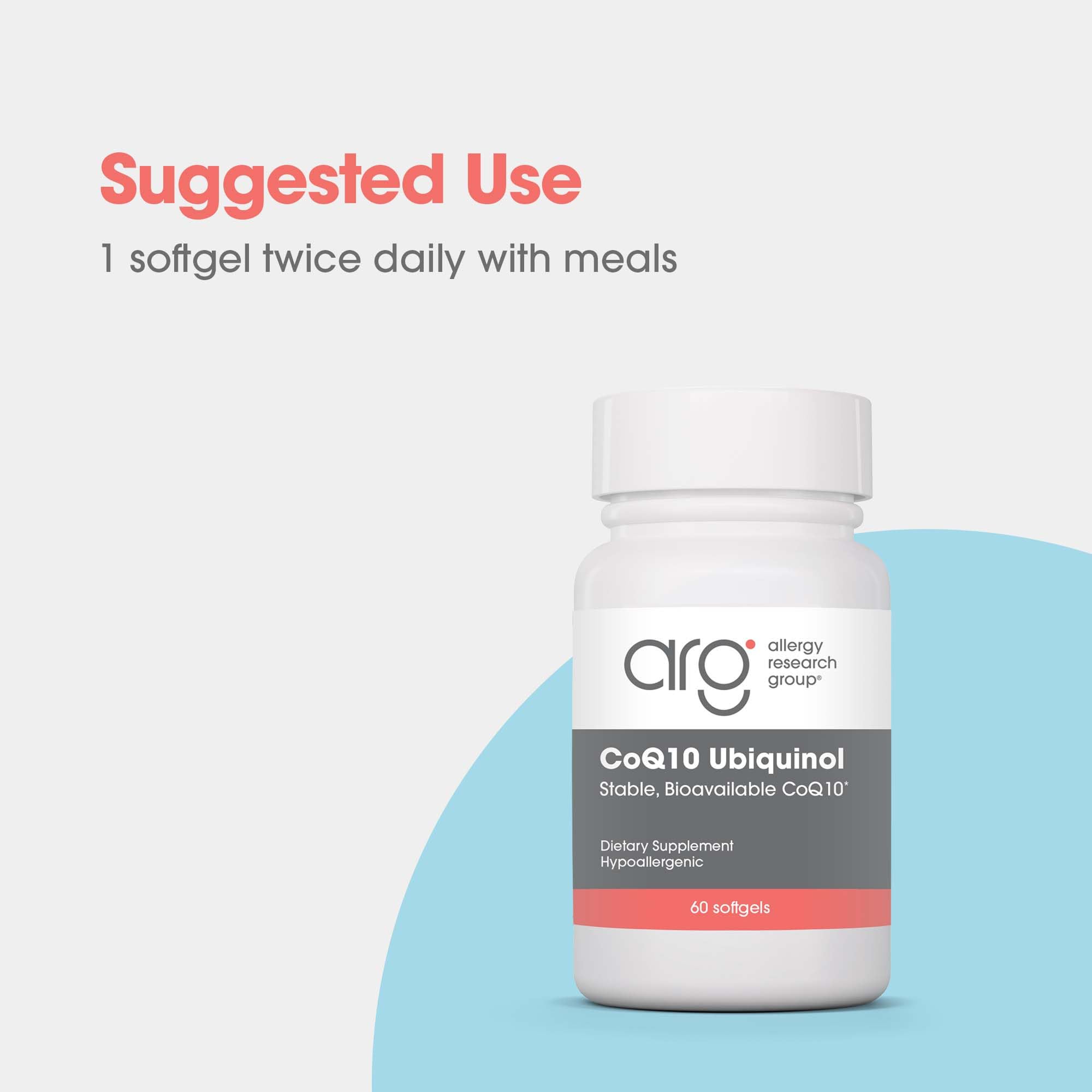 Allergy Research Group CoQ10 Ubiquinol - boite-carton visible, emballage clair et pratique.