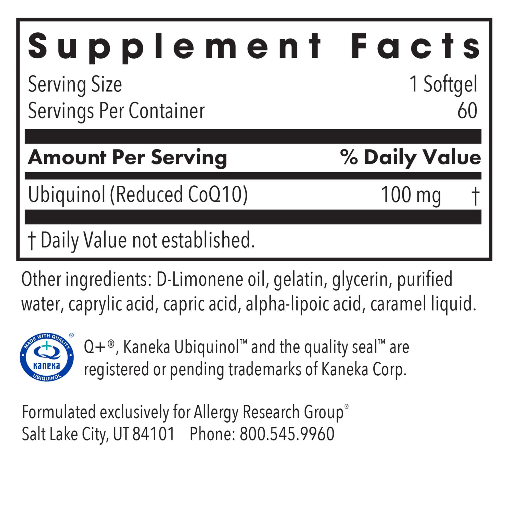 Allergy Research Group CoQ10 Ubiquinol - etiquette lisible, mise en avant de la qualité.
