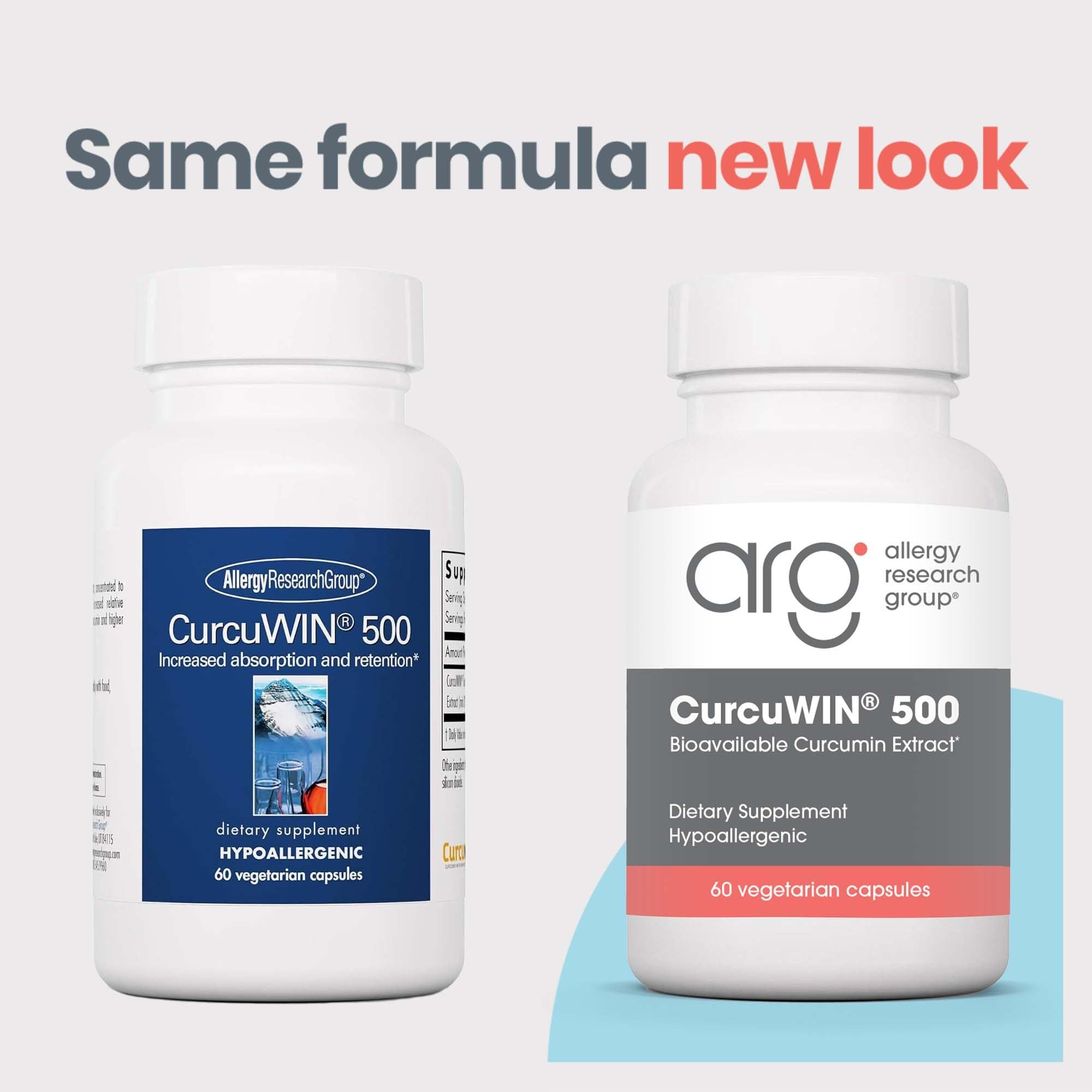 Allergy Research Group CurcuWIN 500 - Étiquette claire décrivant le curcuma concentré et les curcuminoïdes.