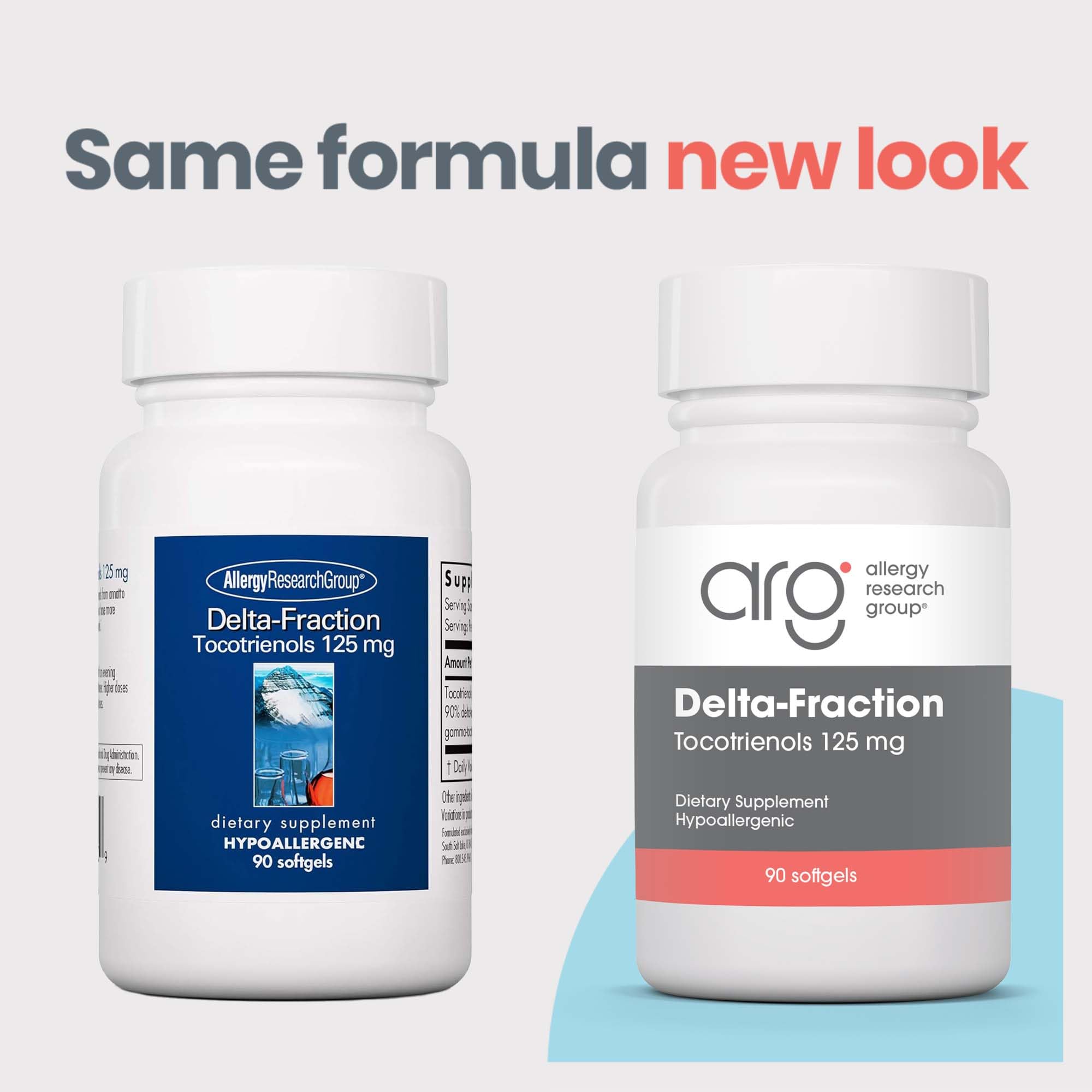 Allergy Research Group Delta-Fraction Tocotrienols: étiquette montrant une formulation sans tocophérols.