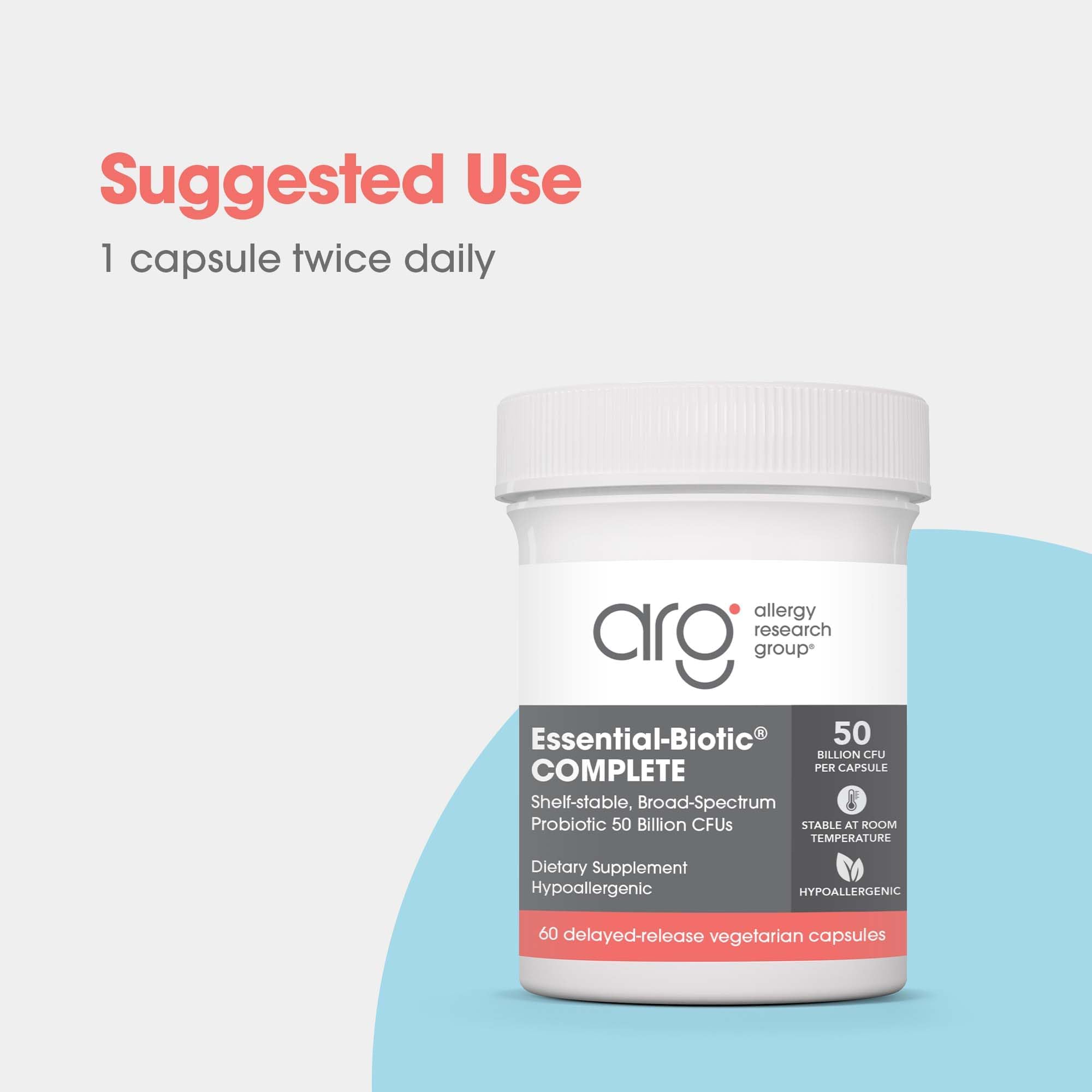 Allergy Research Group Essential-Biotic: étiquette indiquant 60 capsules pour une routine quotidienne.