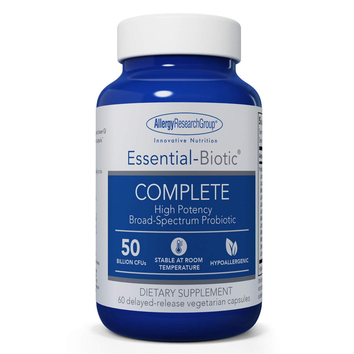 Allergy Research Group Essential-Biotic: bouteille végétarienne et capsules retard-release pour le soutien digestif.