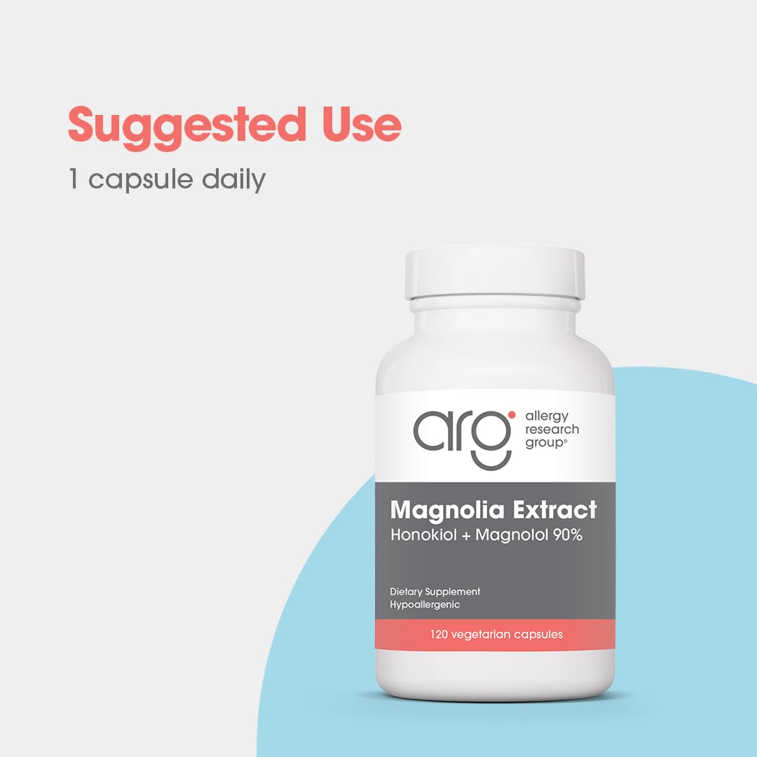 Allergy Research Group Magnolia Extract : étiquette indiquant concentration 90% honokiol et magnolol.