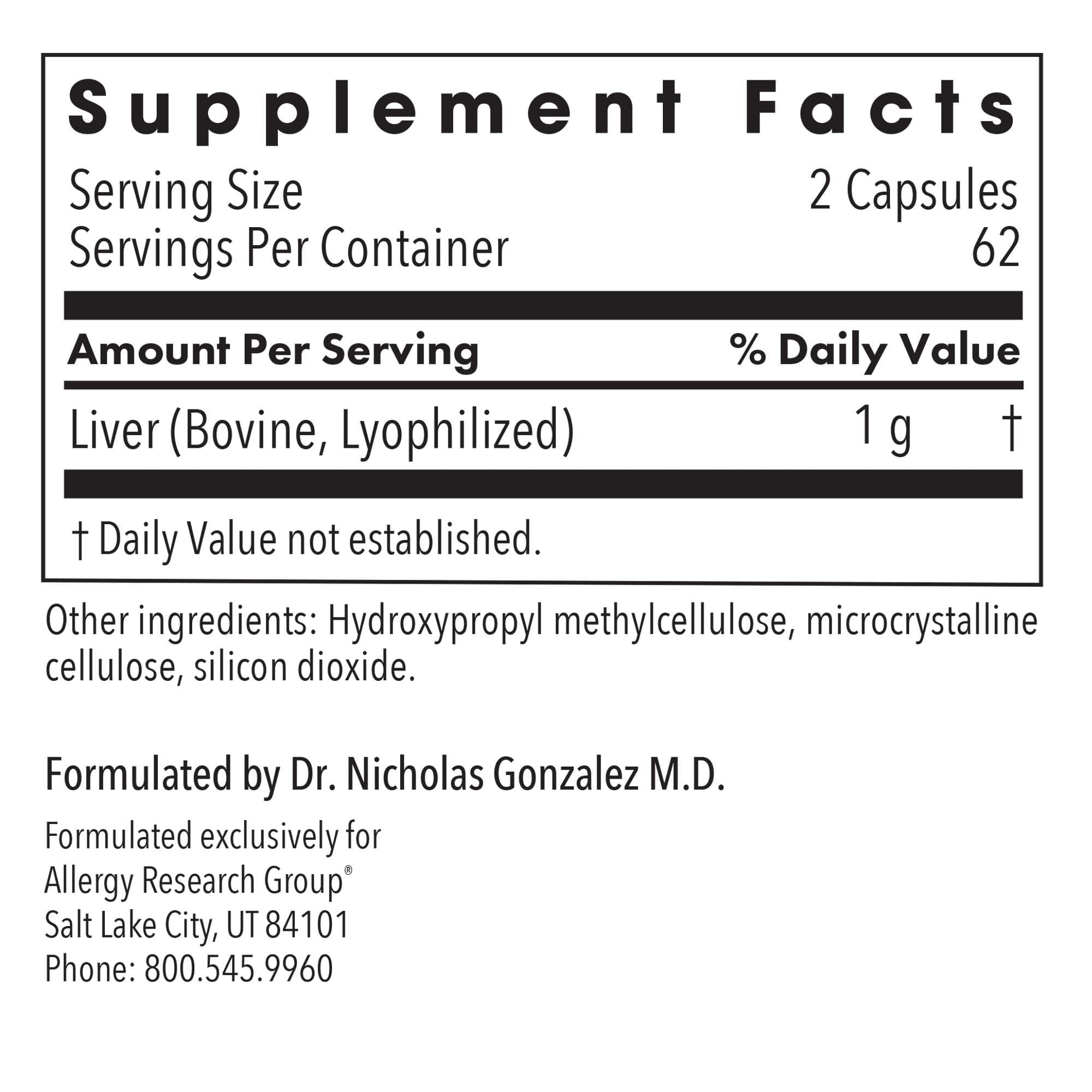 Allergy Research Group bouteille foie de bœuf 1000 mg, format pratique.