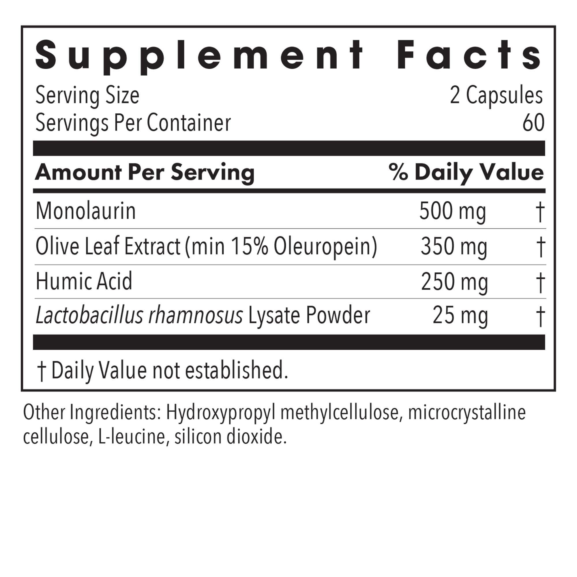 Allergy Research Group Humic-Monolaurin Complex – capsules rapprochées, bénéfice antioxydant potentiel.