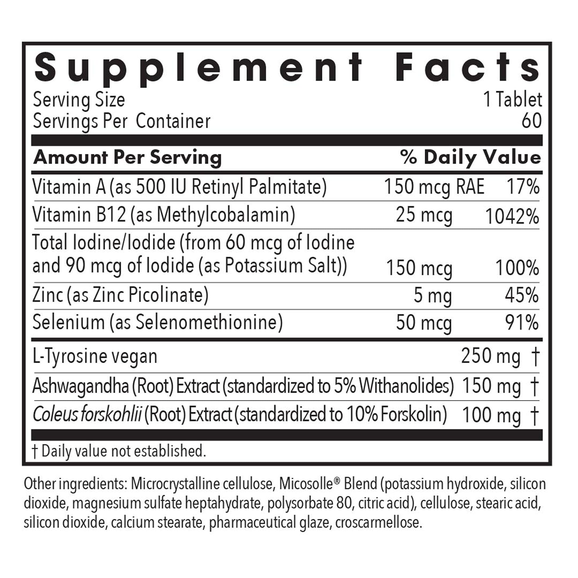 Allergy Research Group Iodoral – étiquette claire affichant les ingrédients et leur rôle nutritionnel.