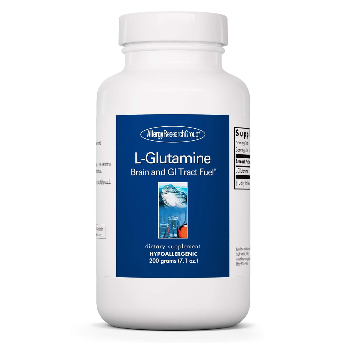 Allergy Research Group L-Glutamine, étiquette du produit, soutien potentiel du tractus gastro-intestinal.