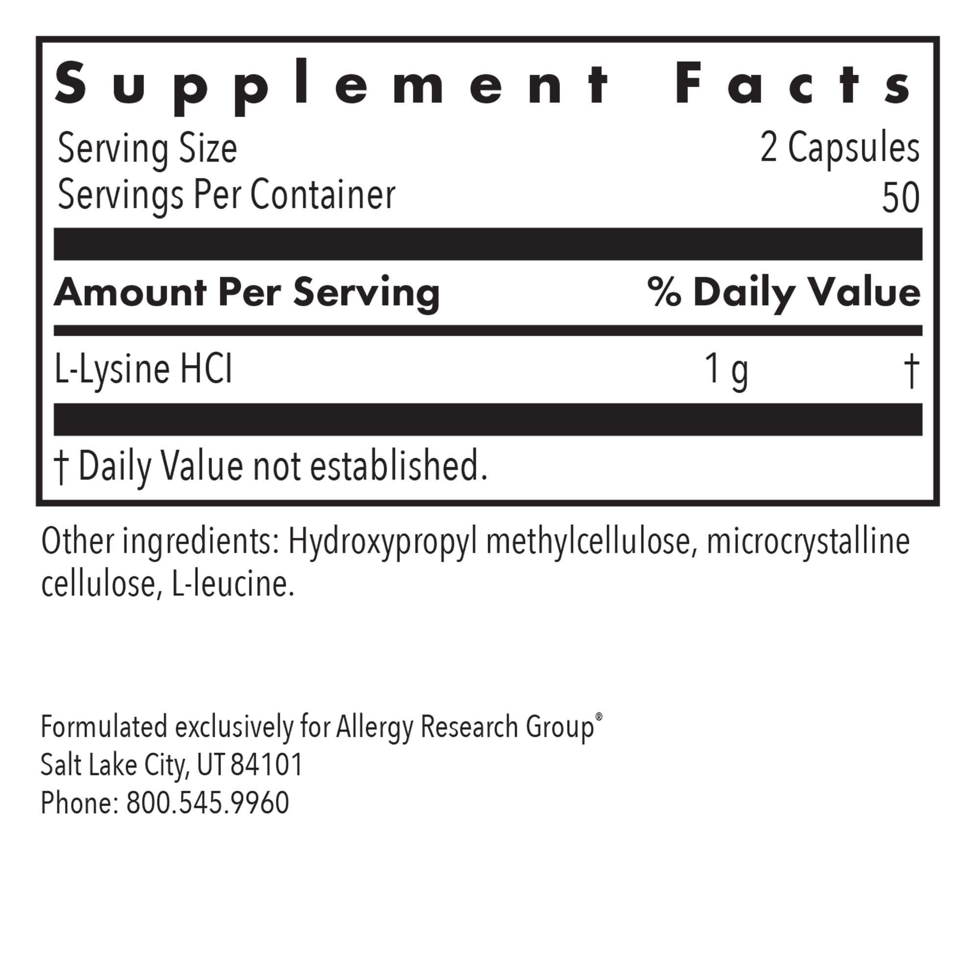 Allergy Research Group L-Lysine: étiquette lisible indiquant le dosage par gélule.