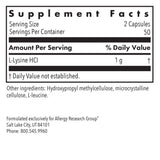 Allergy Research Group L-Lysine: étiquette lisible indiquant le dosage par gélule.