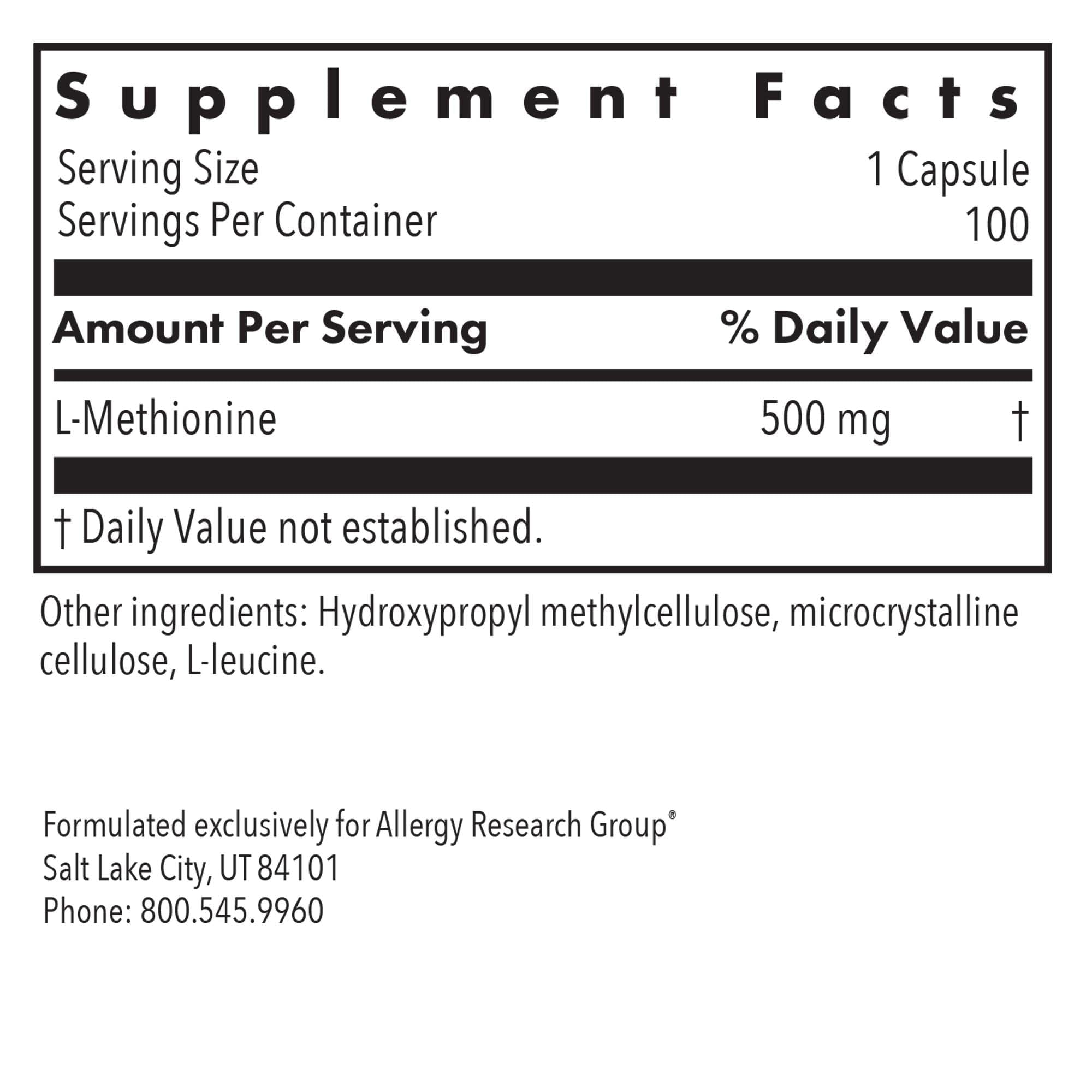 Allergy Research Group L-Méthionine: capsules végétariennes visibles, soutien possible au métabolisme des lipides.