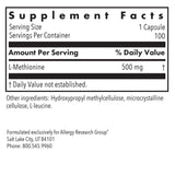 Allergy Research Group L-Méthionine: capsules végétariennes visibles, soutien possible au métabolisme des lipides.