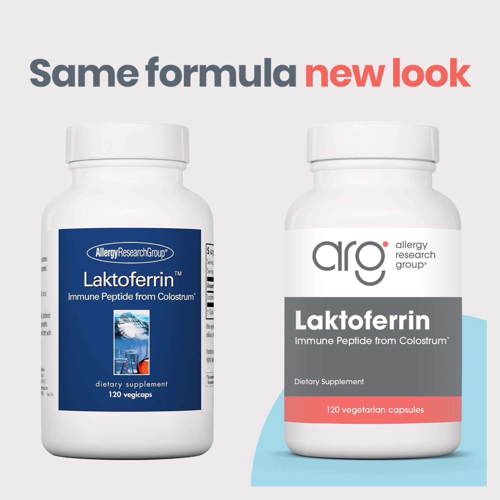 Allergy Research Group Lactoferrine, capsules visibles et nutriments ciblés