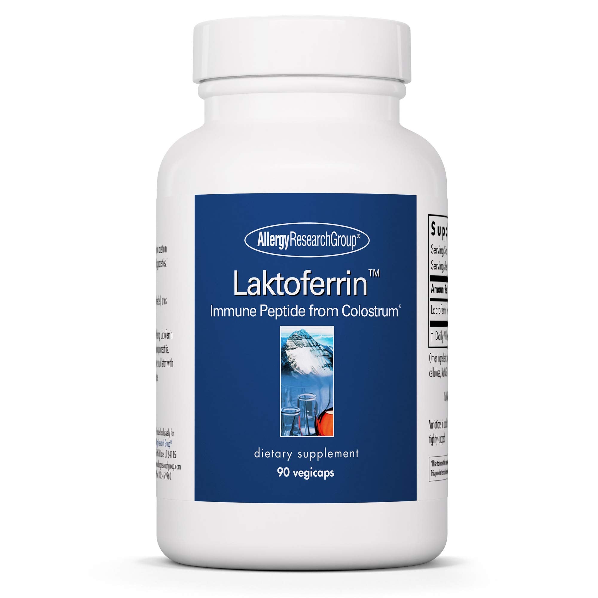Laktoferrin Allergy Research Group bouteille 90 capsules pour un soutien immunitaire potentiel.