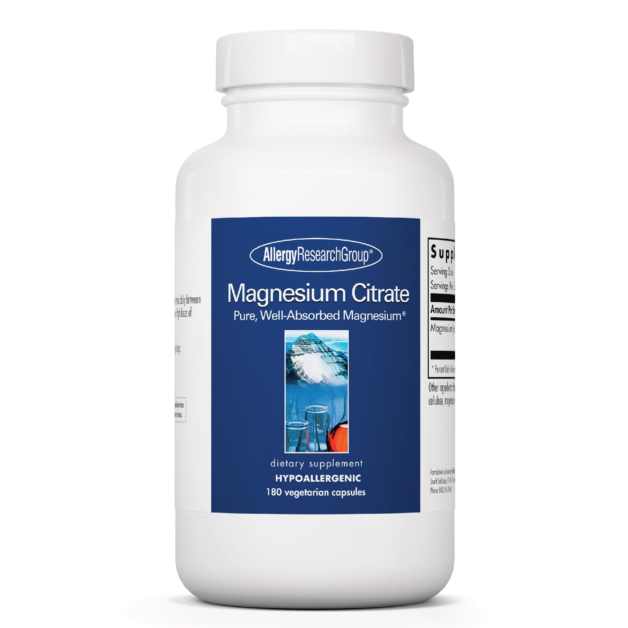 Allergy Research Group Magnésium citrate – bouteille et gélules, soutien énergie potentiel.