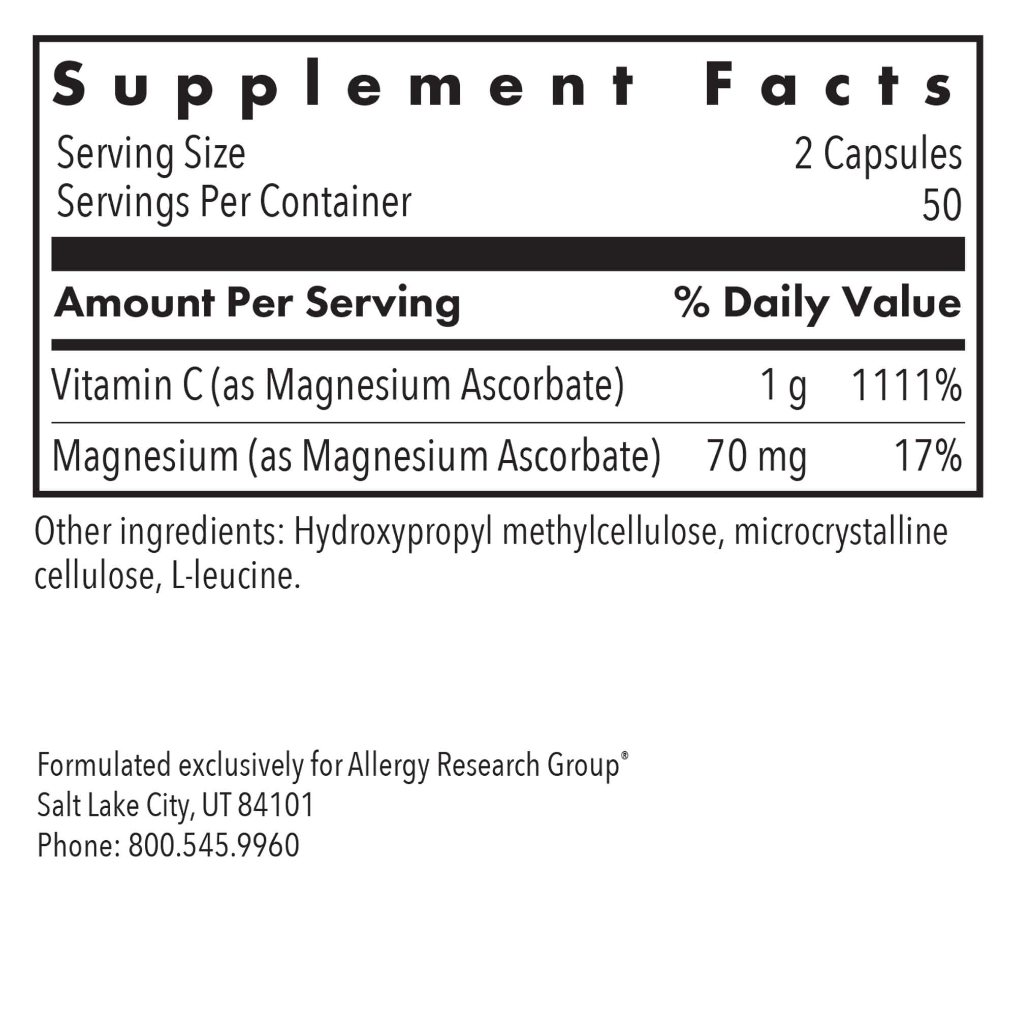 Allergy Research Group Magnésium Ascorbate – étiquette claire et informative