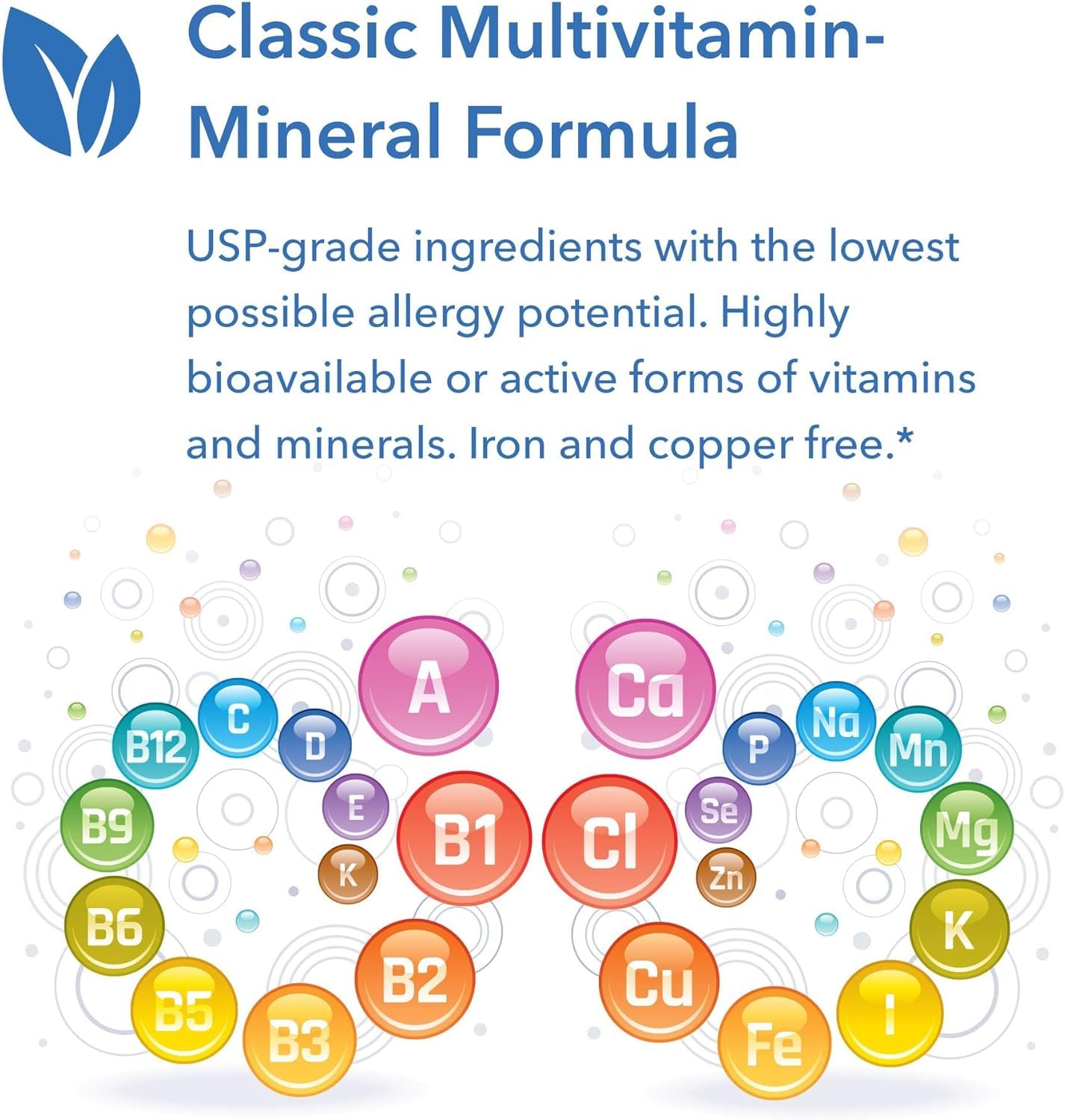 Bouteille Multi-Vi-Min hypoallergénique d'Allergy Research Group, soutien nutritionnel quotidien.