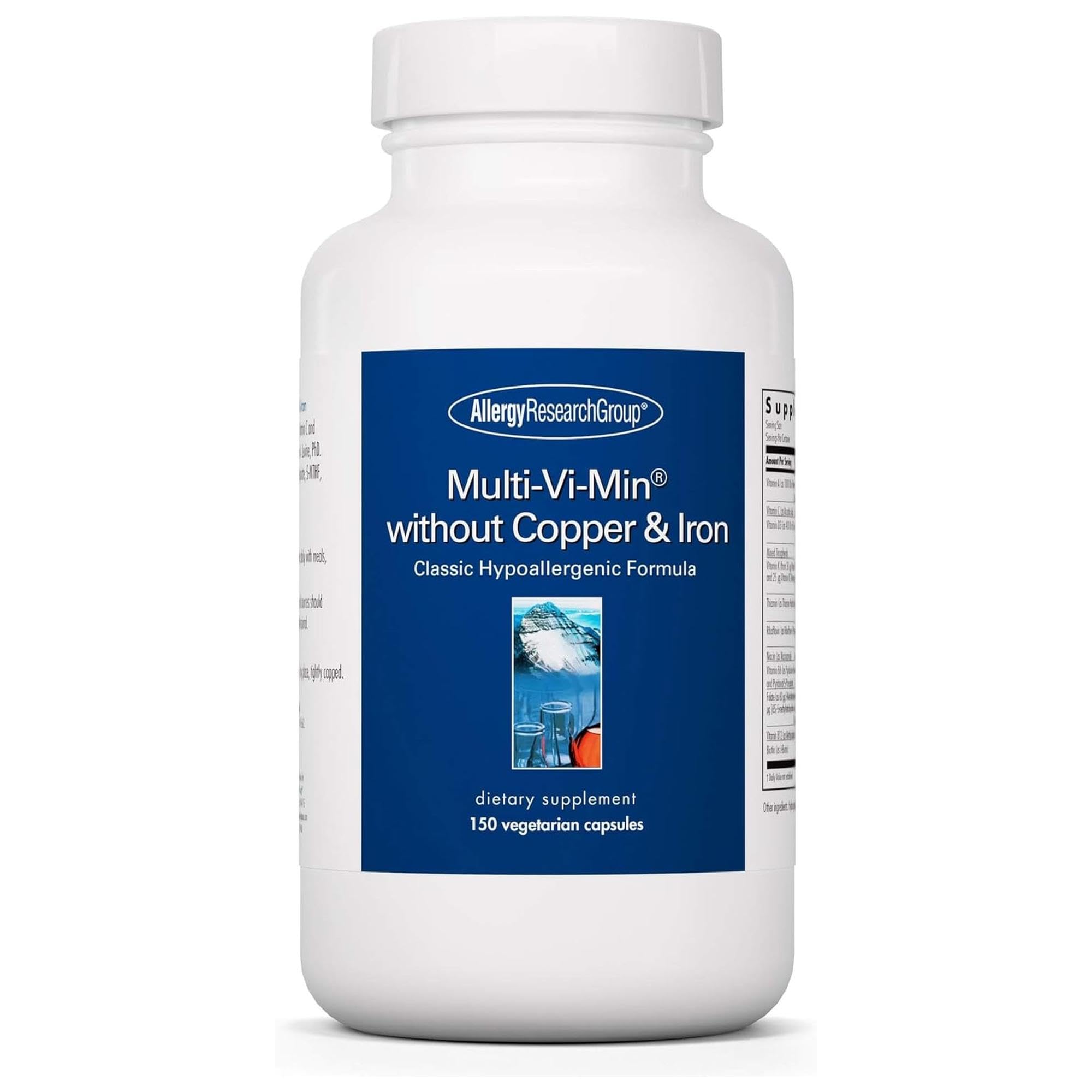 Allergy Research Group Multi-Vi-Min: bouteille de capsules végétariennes hypoallégerniques pour soutien quotidien.
