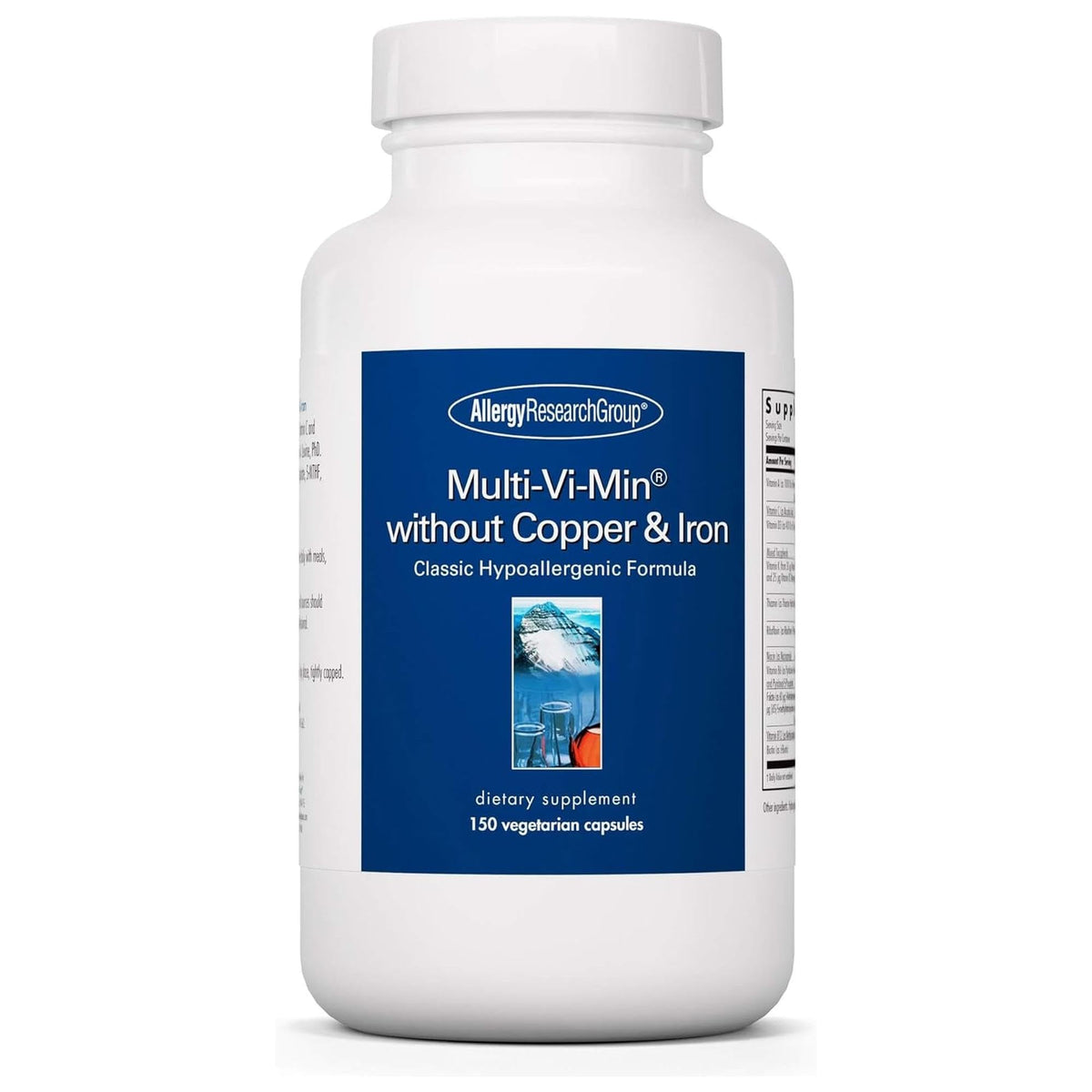 Allergy Research Group Multi-Vi-Min: bouteille de capsules végétariennes hypoallégerniques pour soutien quotidien.