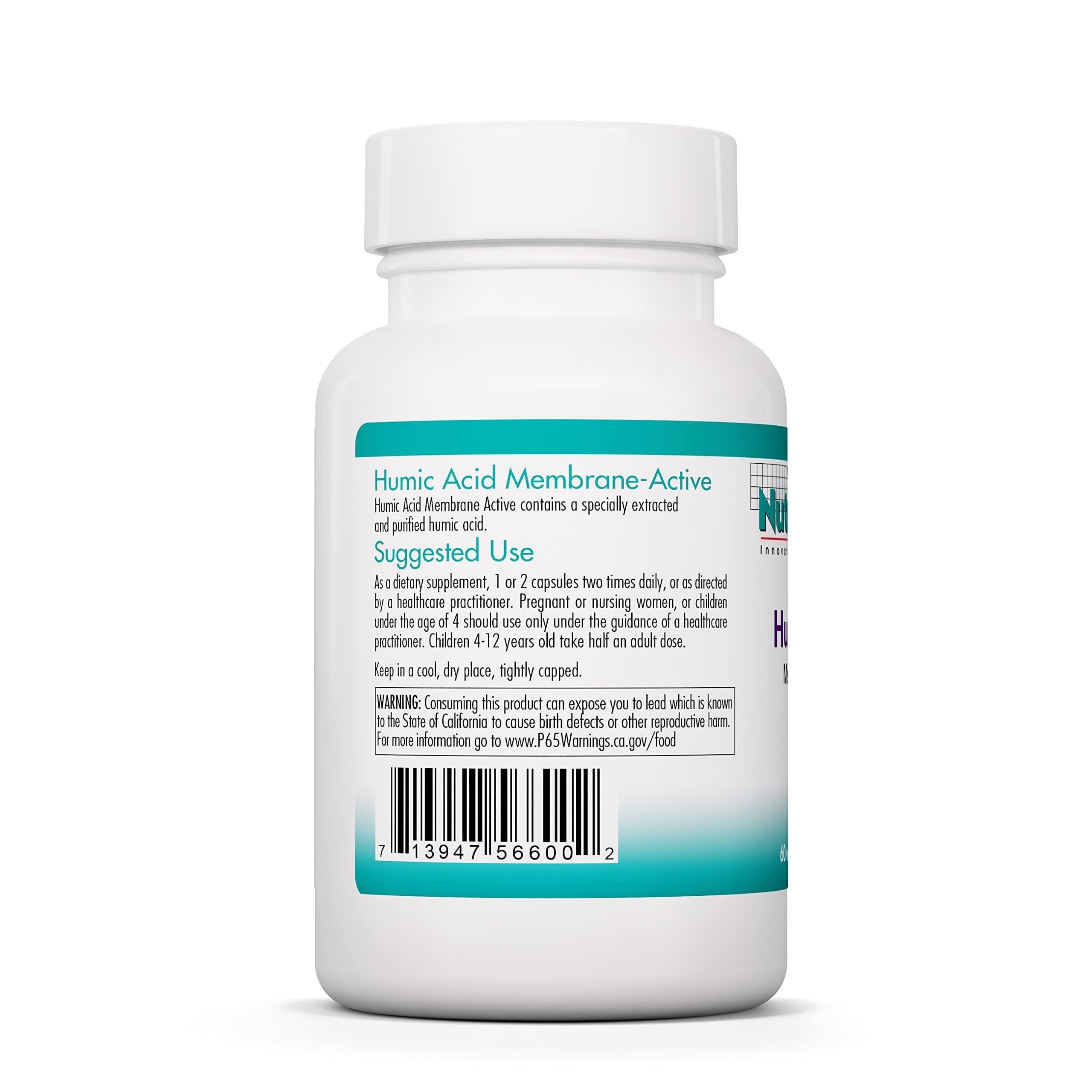 Allergy Research Group NutriCology acide humique 750 mg: étiquette produit indiquant concentration et conseils d'utilisation.
