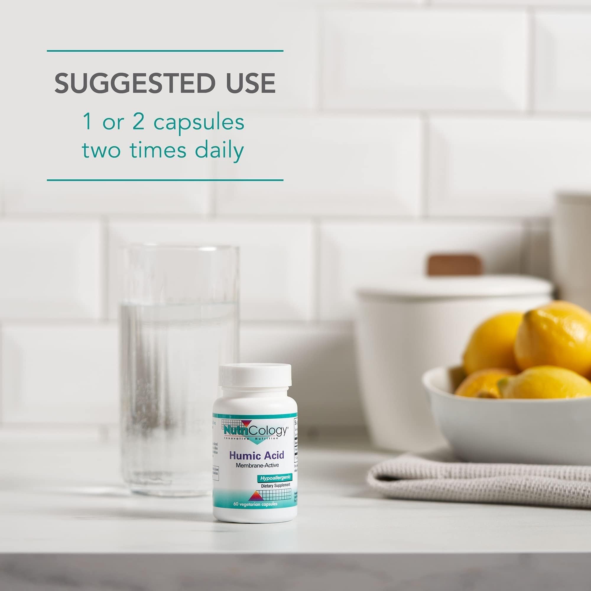 Allergy Research Group NutriCology acide humique 750 mg: flacon avec imprimés informatifs et clairs.