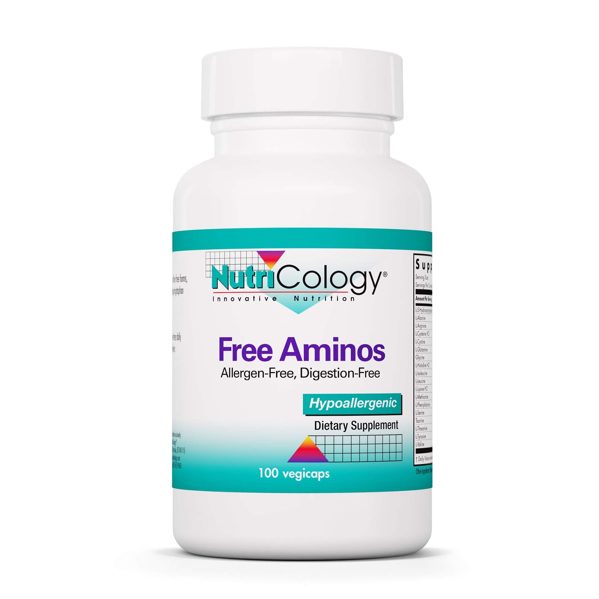 Nutricology Free Aminos d'Allergy Research Group : bouteille avec étiquette hypoallergénique pour apport sûr
