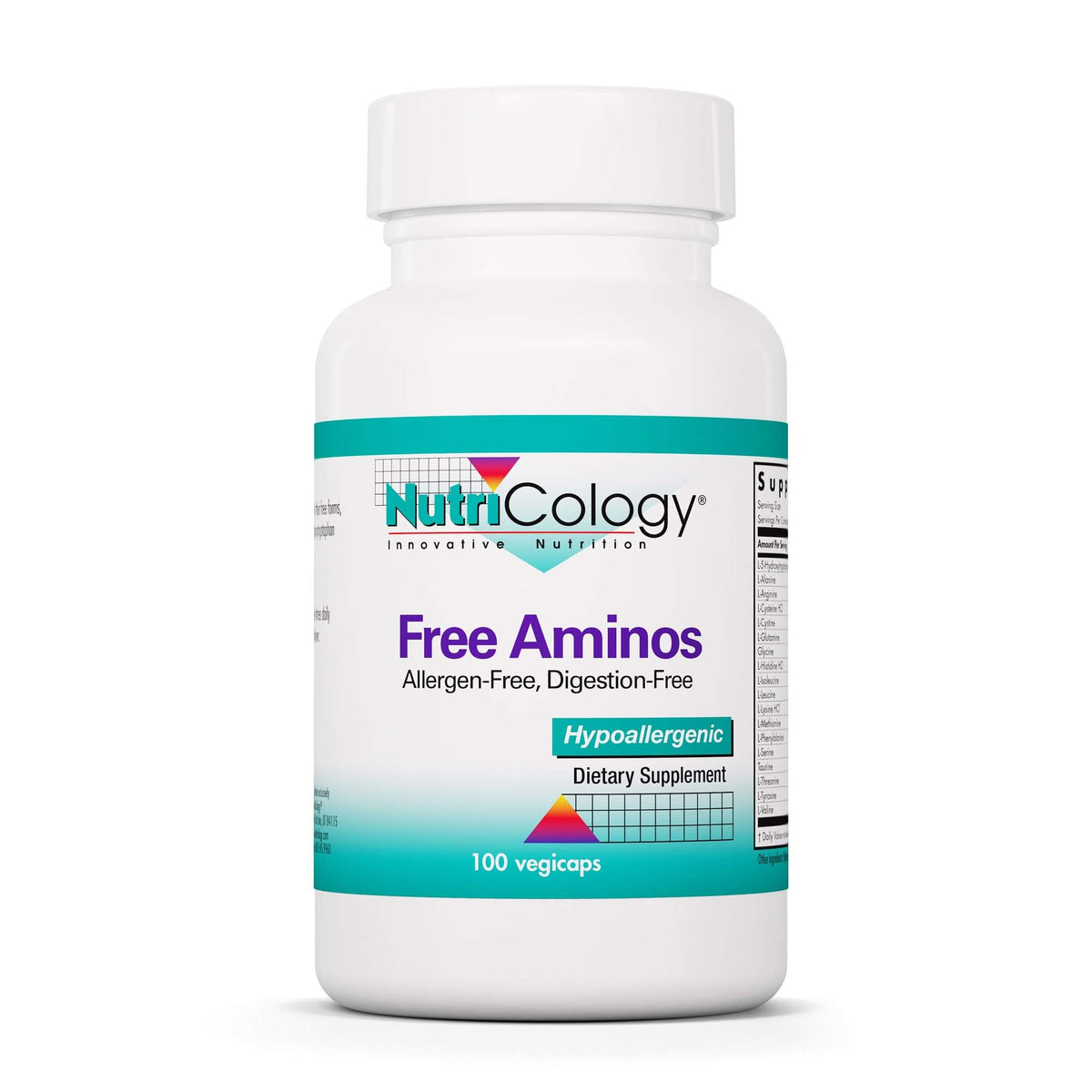 Nutricology Free Aminos d'Allergy Research Group : bouteille avec étiquette hypoallergénique pour apport sûr