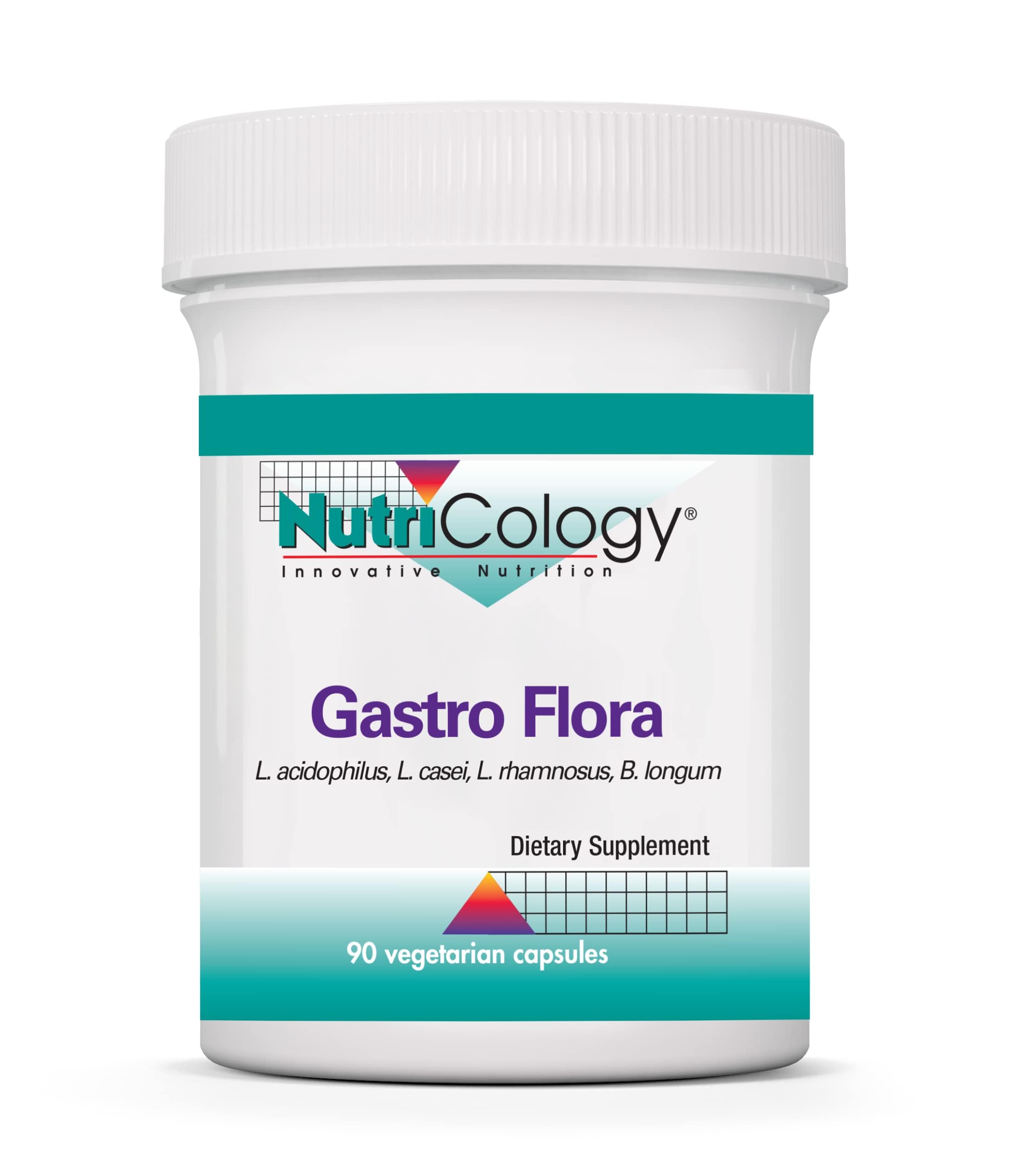 Nutricology Gastro Flora, bouteille et capsules, soutien potentiel à la digestion.