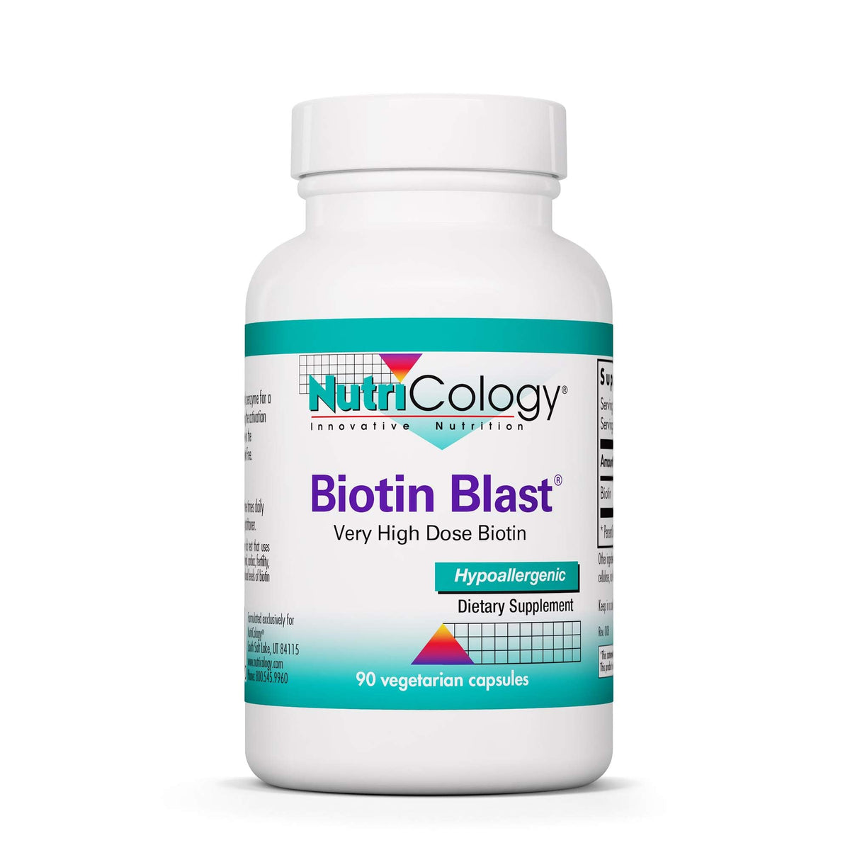 Nutricology HiBiotin – bouteille montrant l'apport quotidien en biotine haute dose