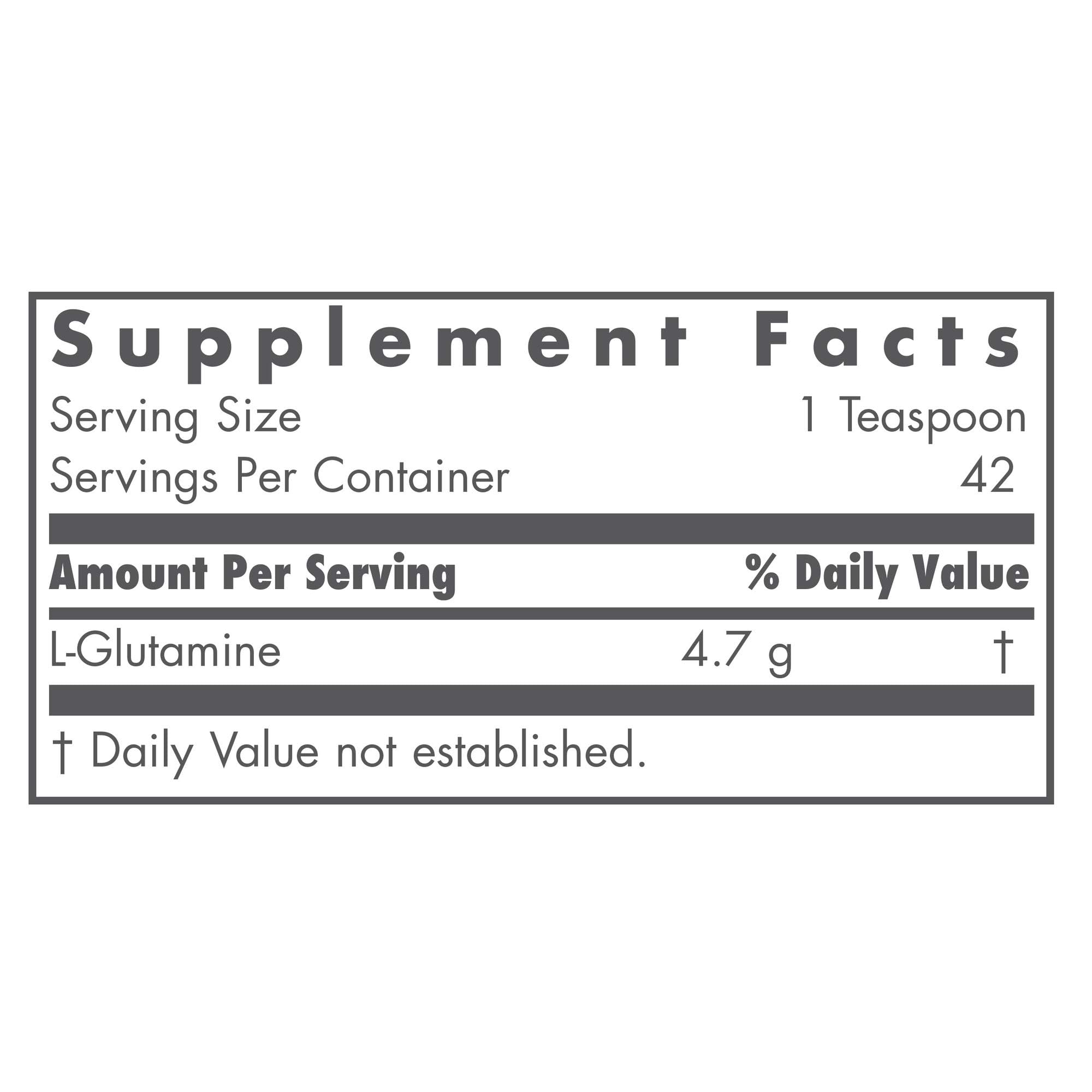 Nutricology L-Glutamine en poudre et dose-cuillère, mesure pratique pour l'utilisation journalière.