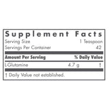 Nutricology L-Glutamine en poudre et dose-cuillère, mesure pratique pour l'utilisation journalière.