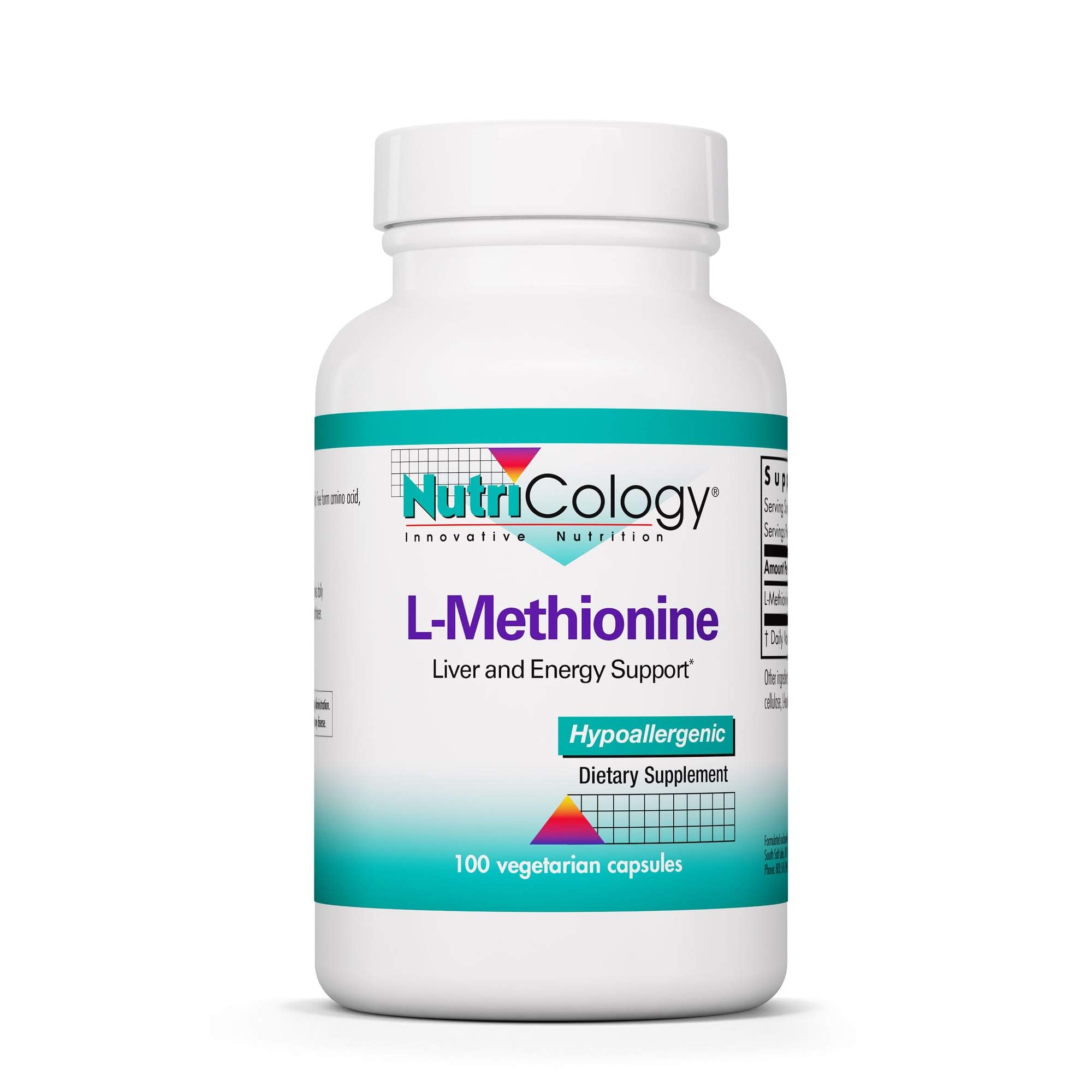 Nutricology L-Méthionine, bouteille montrant la forme libre et soutien potentiel d'énergie.