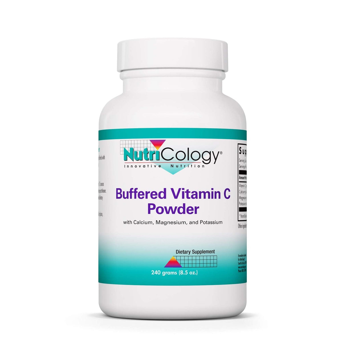 Poudre Nutricology vitamine C bufferisée avec calcium et magnésium, absorption potentielle douce.