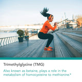 Étiquette NutriCology TMG avec dosage par capsule et informations claires.