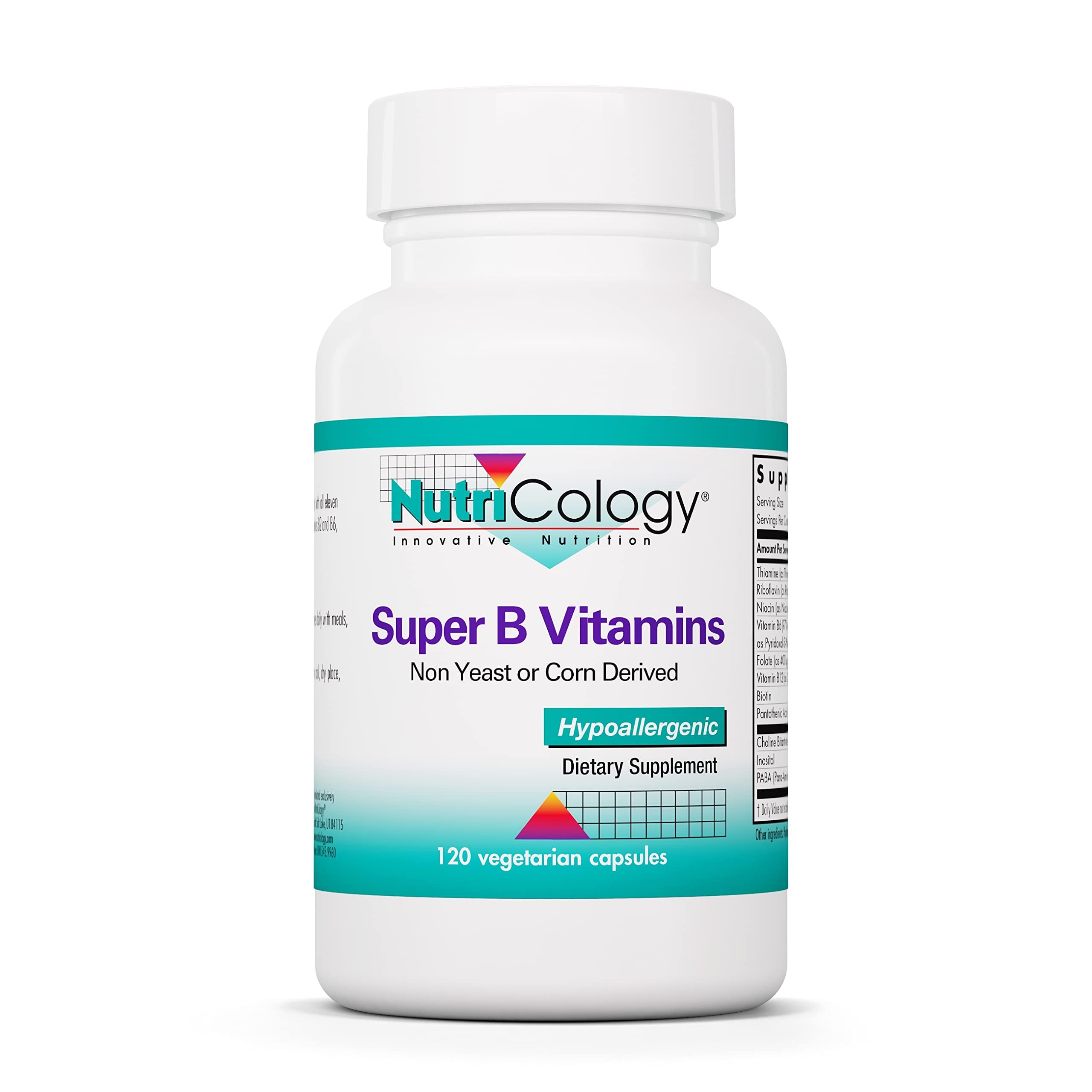 Nutricology Vitamine B Complexe flacon visible, soutien potentiel à l'énergie quotidienne.