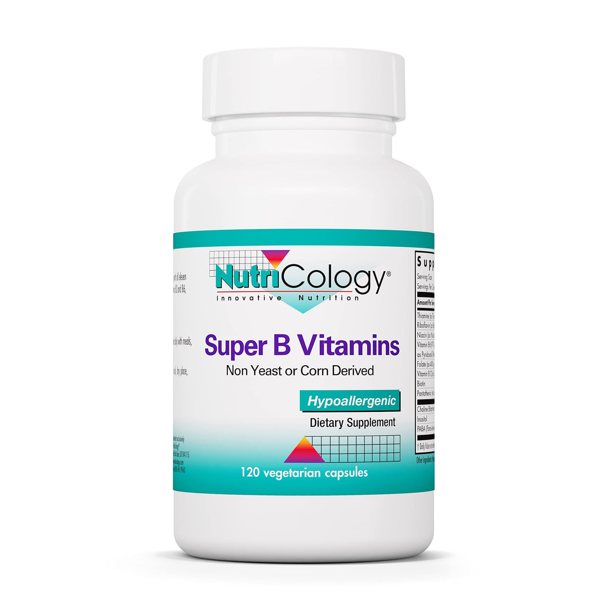 Nutricology Vitamine B Complexe flacon visible, soutien potentiel à l'énergie quotidienne.