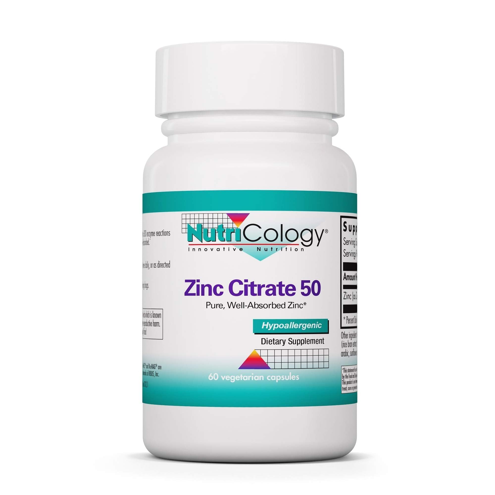 Allergy Research Group NutriCology Zinc Citrate – bouteille 60 capsules prête pour utilisation et transport.