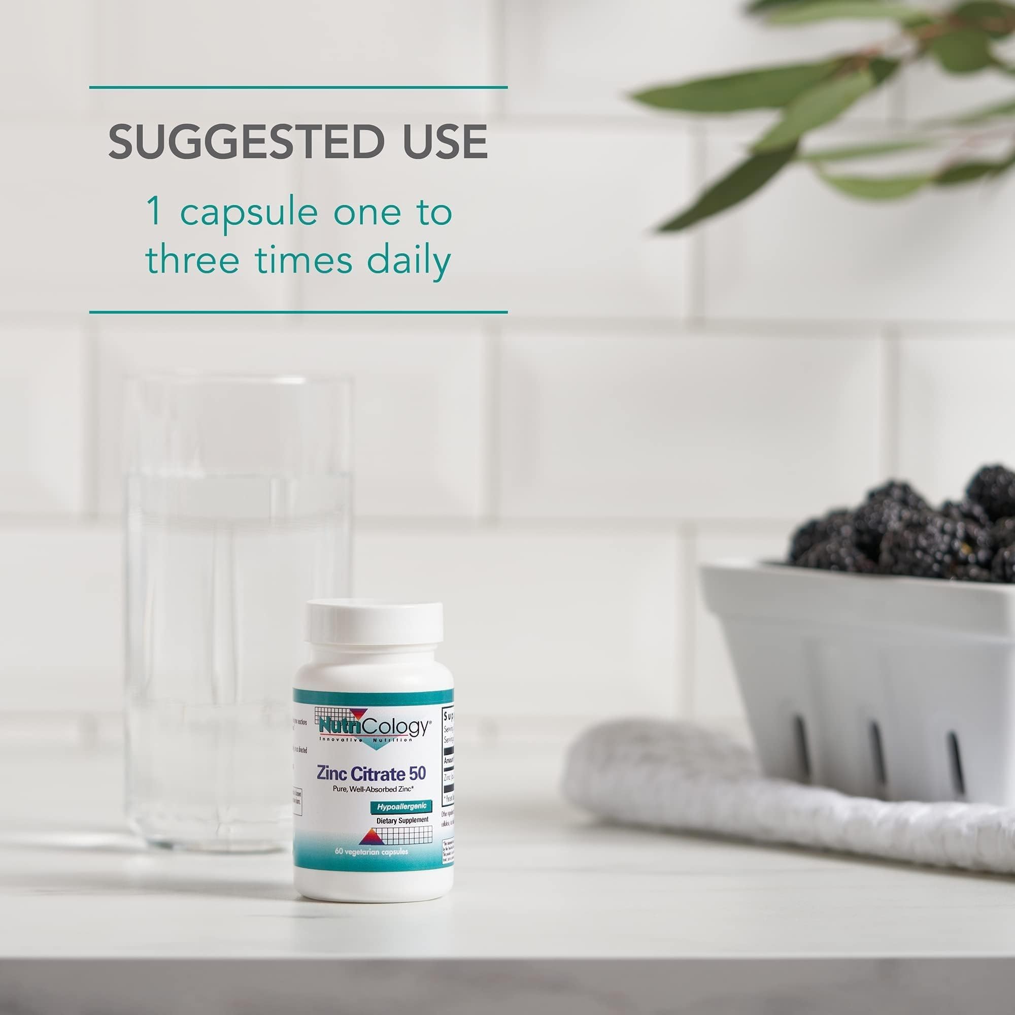 Dose quotidienne NutriCology Zinc Citrate expliquée sur l’étiquette et les informations nutritionnelles.