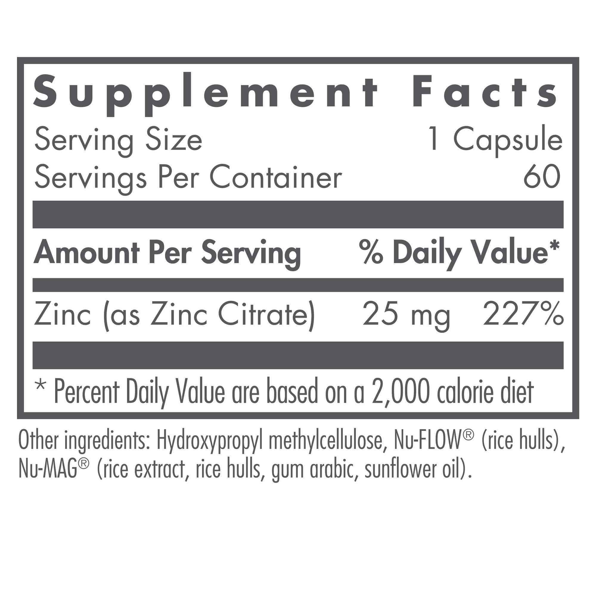 Étiquette NutriCology Zinc Citrate avec ingrédients, utile pour le choix éclairé