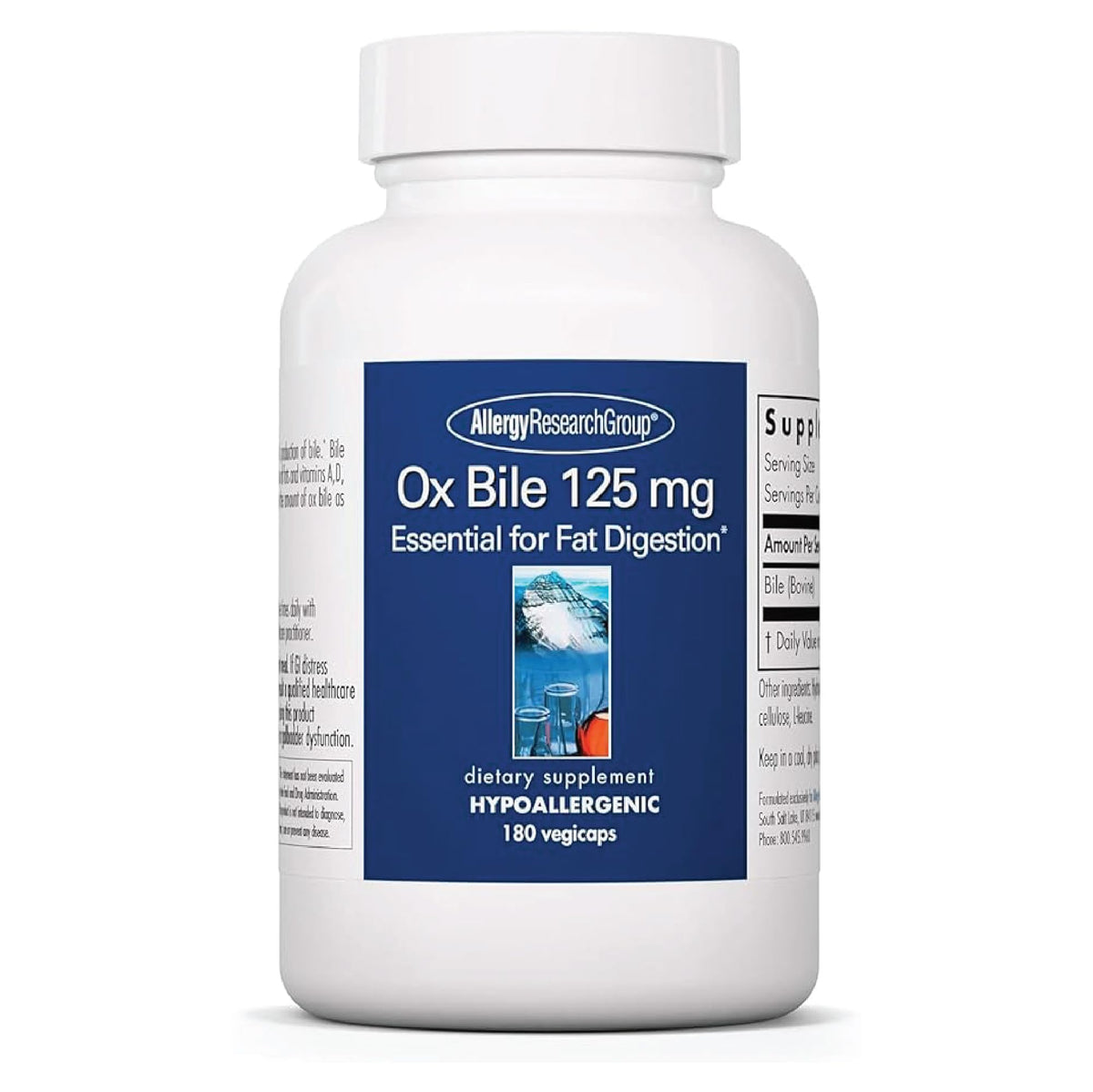 Allergy Research Group Oxbile 125 mg — bouteille prête pour le soutien digestif potentiel.