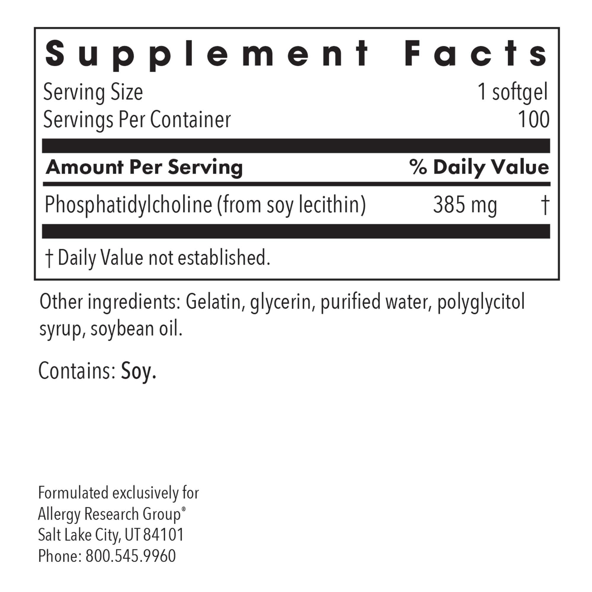 Allergy Research Group Phosphatidylcholine – texte et étiquette clairs, informations fiables