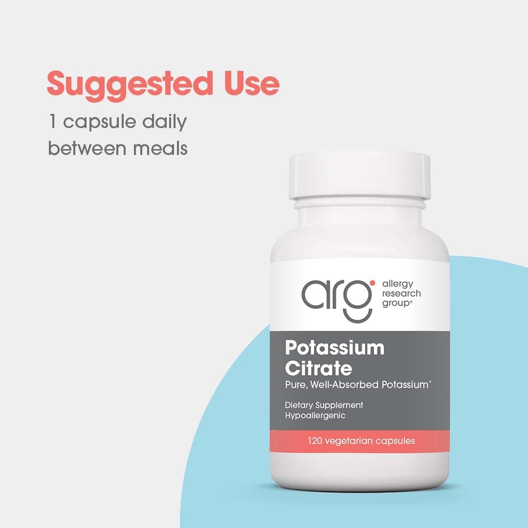 Allergy Research Group Potassium Citrate sur l'étiquette : pureté et standards élevés.