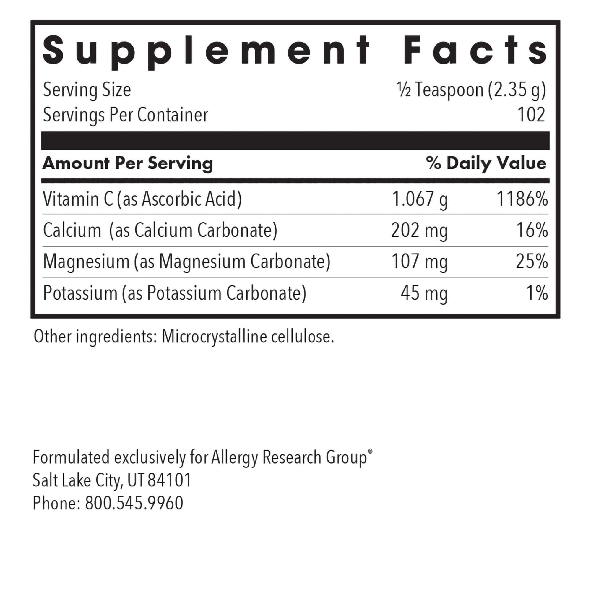 Allergy Research Group Poudre vitamine C tamponnee, dose-cuillère prête à l’emploi