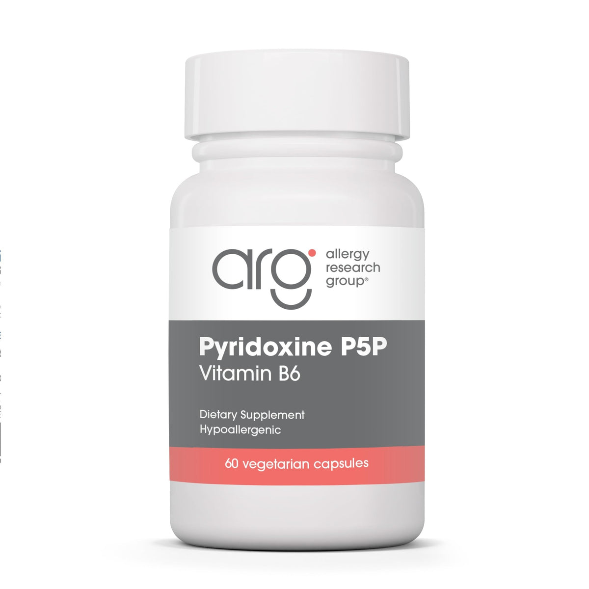 Bouteille Allergy Research Group Pyridoxine P5P avec capsules végétariennes prêtes à l'emploi.