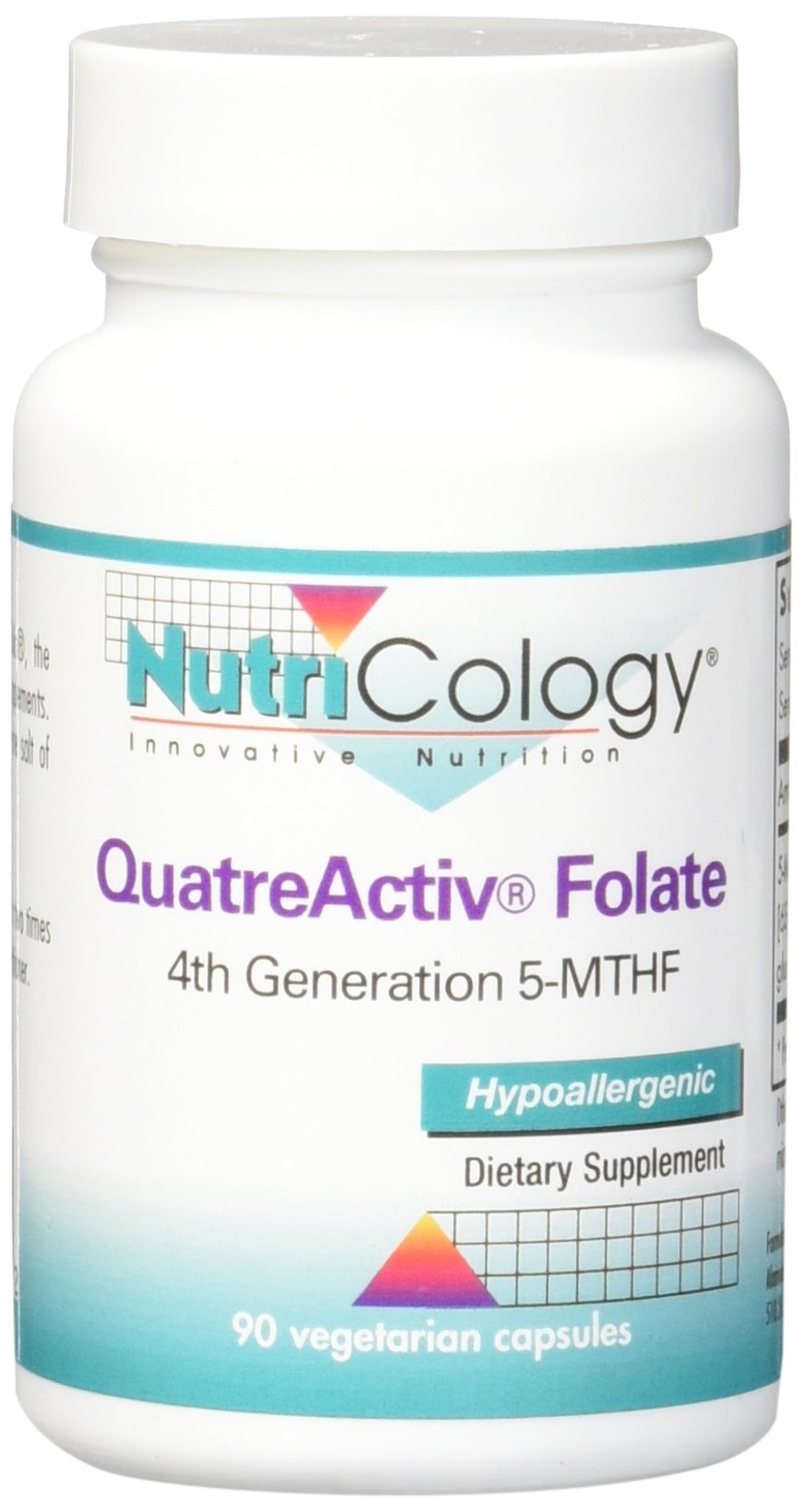 Allergy Research Group QuatreActiv Folate: emballage boîte montrant le dosage et les 90 capsules.