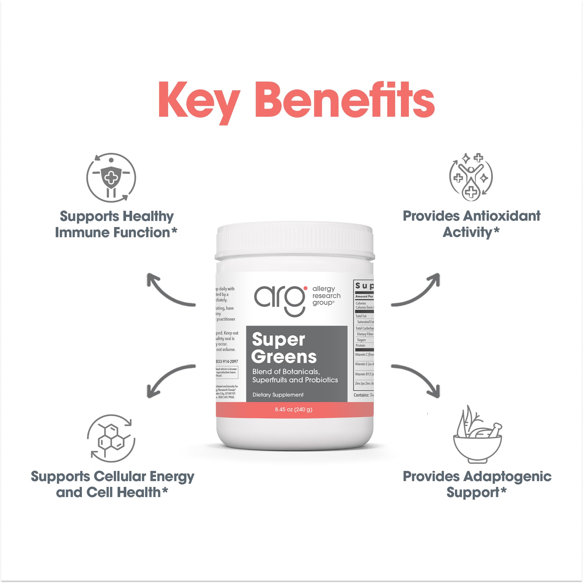 Allergy Research Group Super Greens – coupelle de mesure pratique pour dosages cohérents.