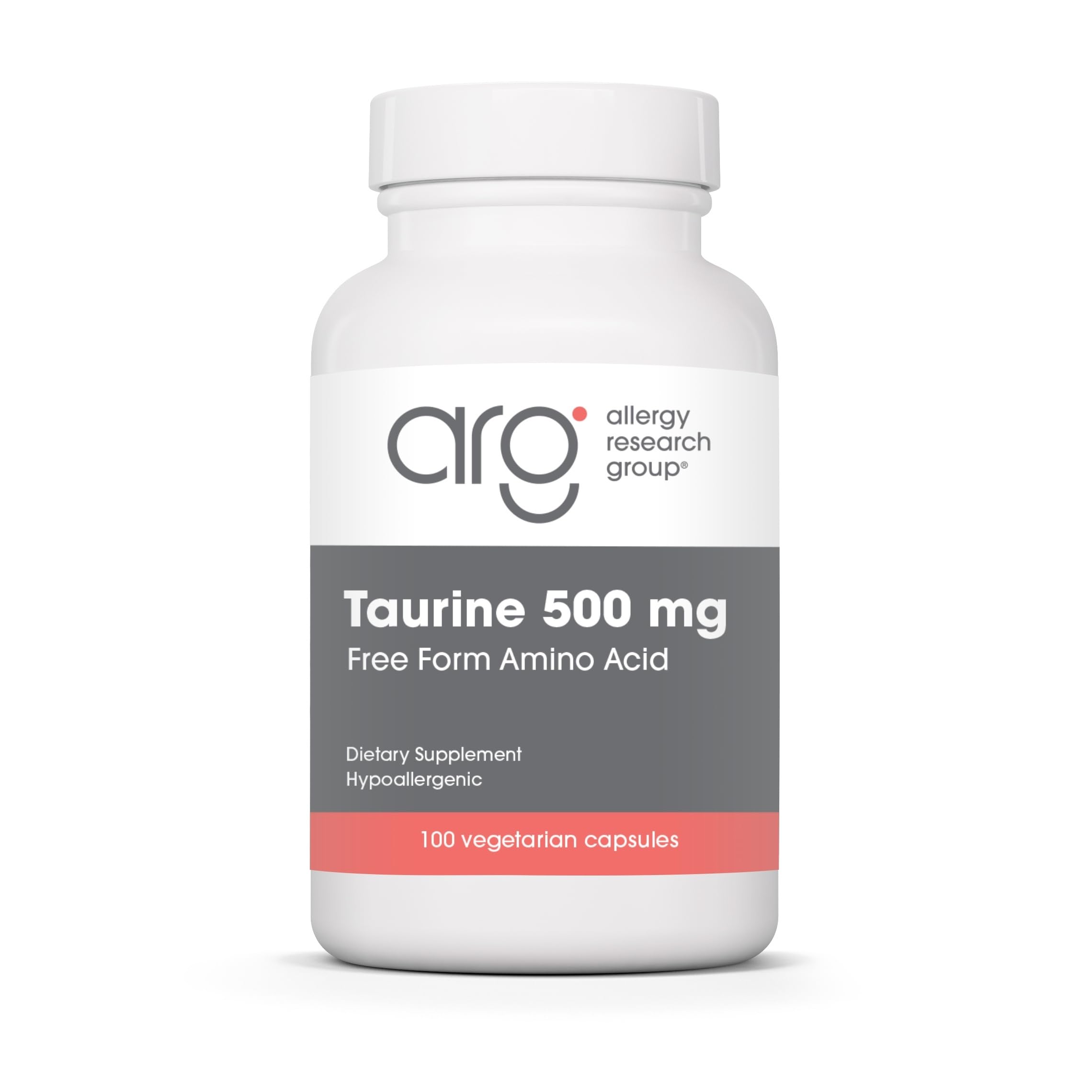 Bouteille Allergy Research Group Taurine 500mg pour soutien cardiovasculaire potentiel.