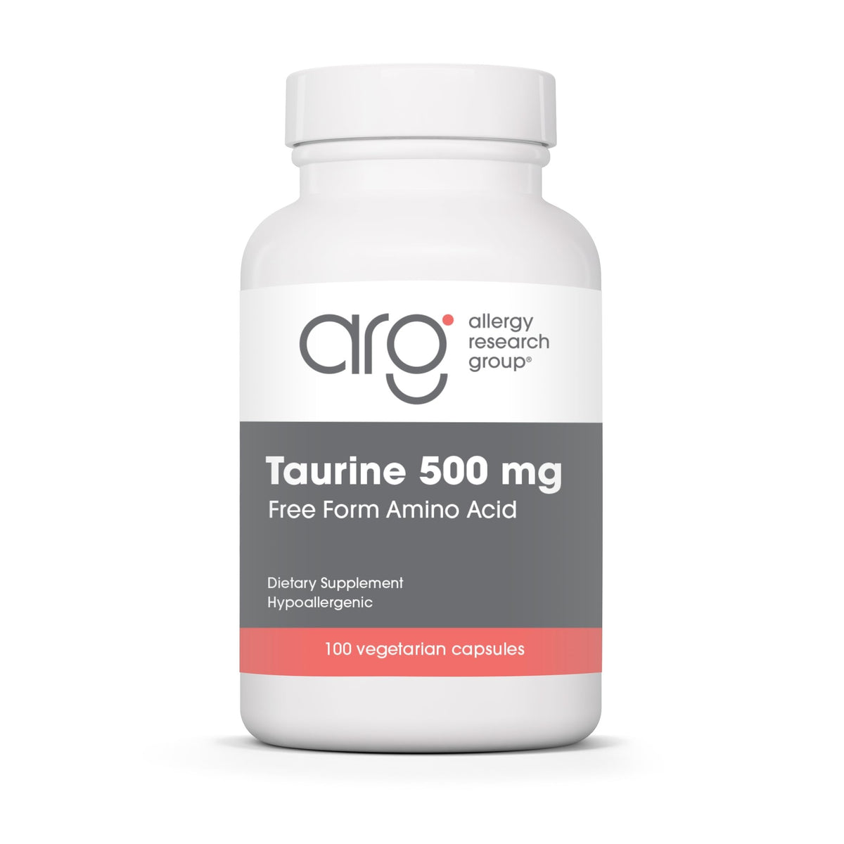 Bouteille Allergy Research Group Taurine 500mg pour soutien cardiovasculaire potentiel.